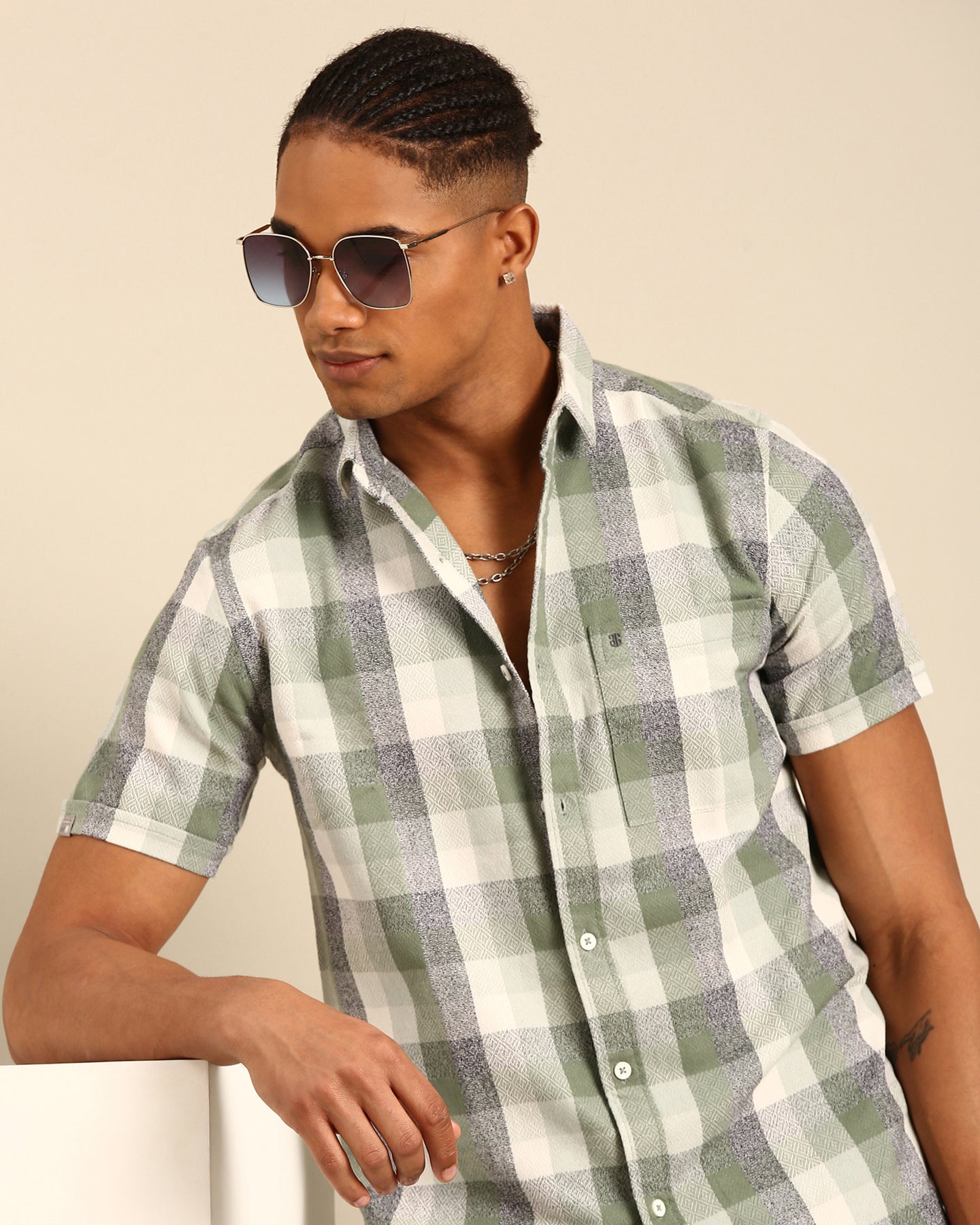 Classic Milange Mint-Green Window pane Checked Full Sleeve Shirt