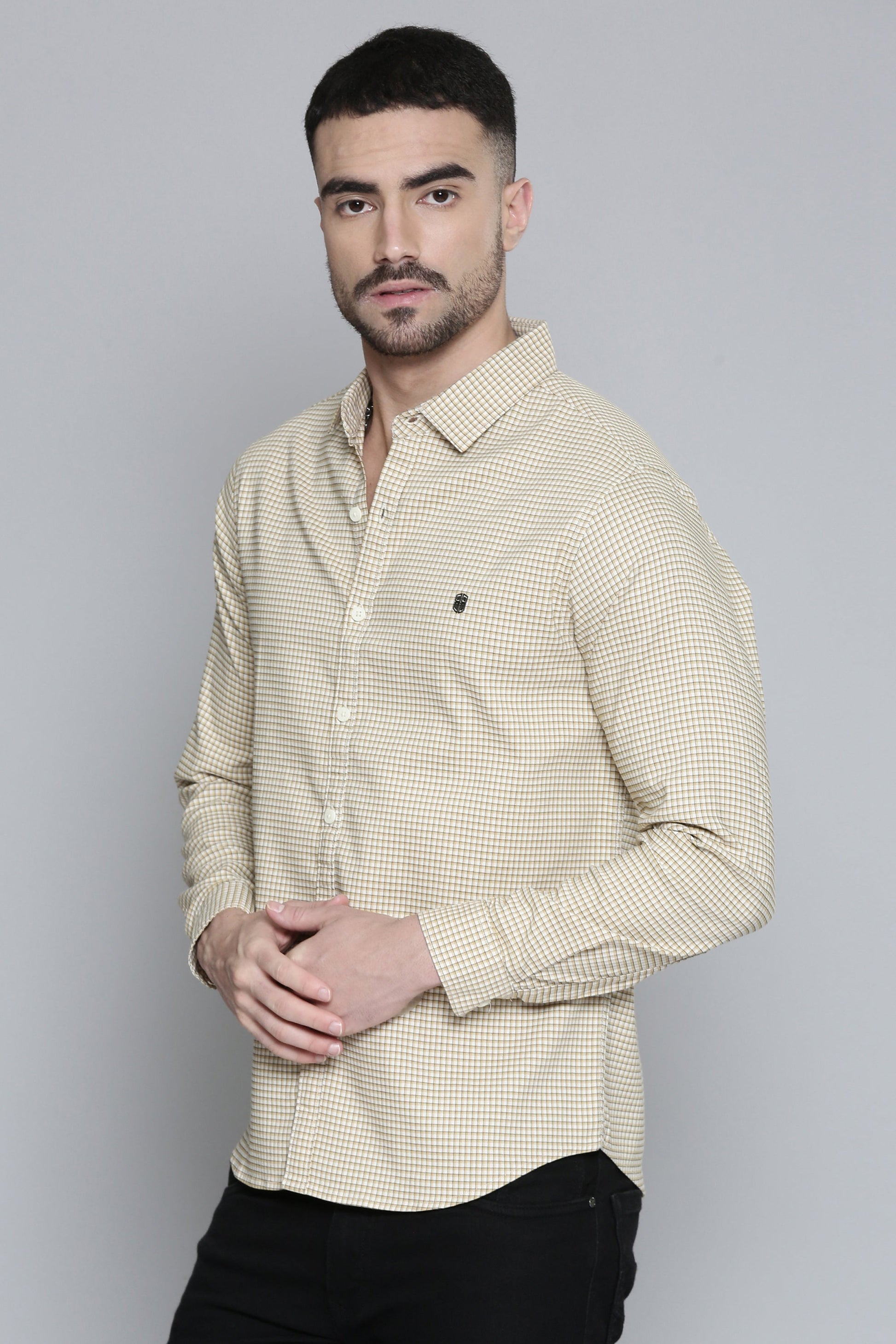 Classic Cream Checked Full Sleeve Shirt For Men