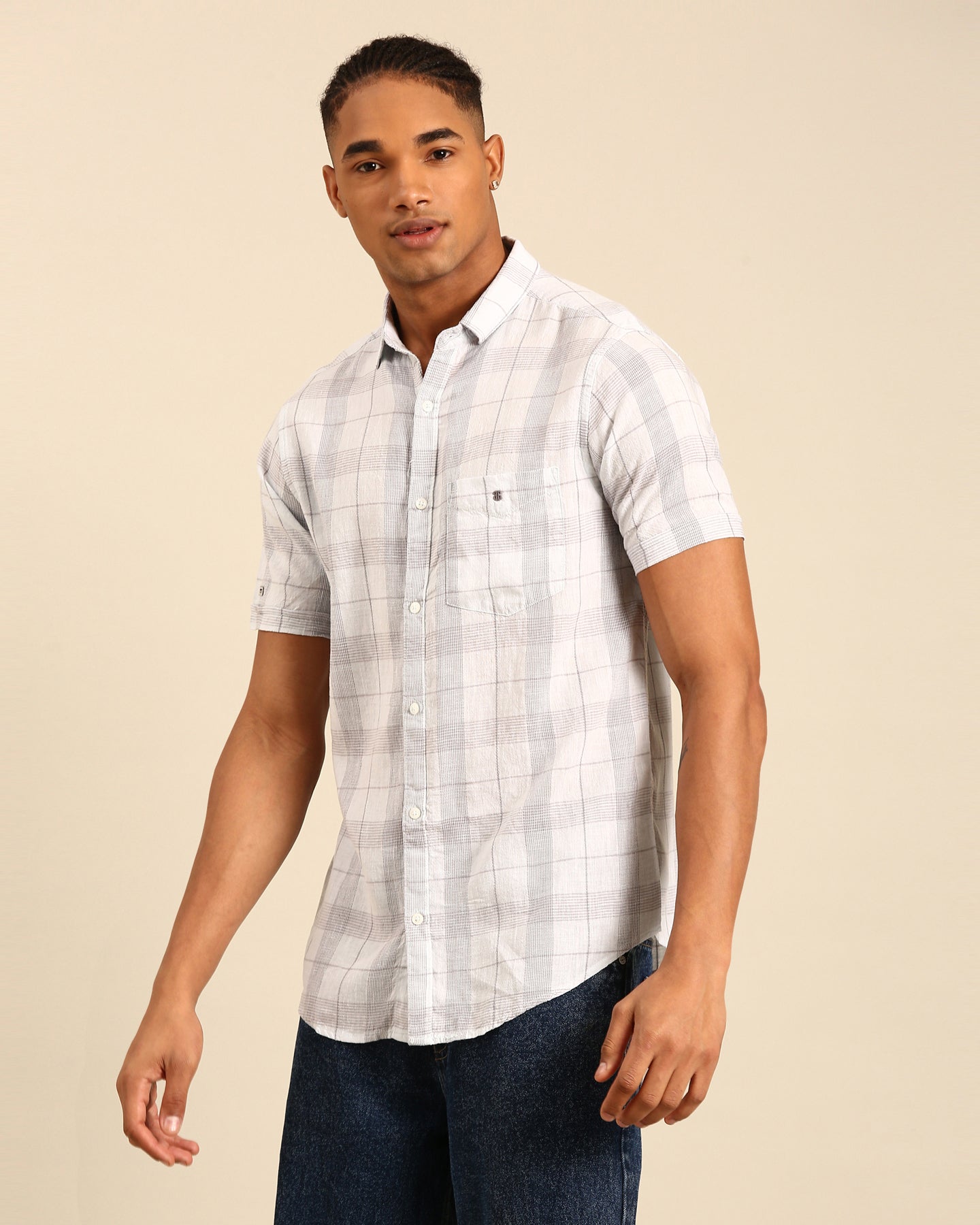 Classic Yarn Dyed White-Grey Window pane Checked Full Sleeve Shirt