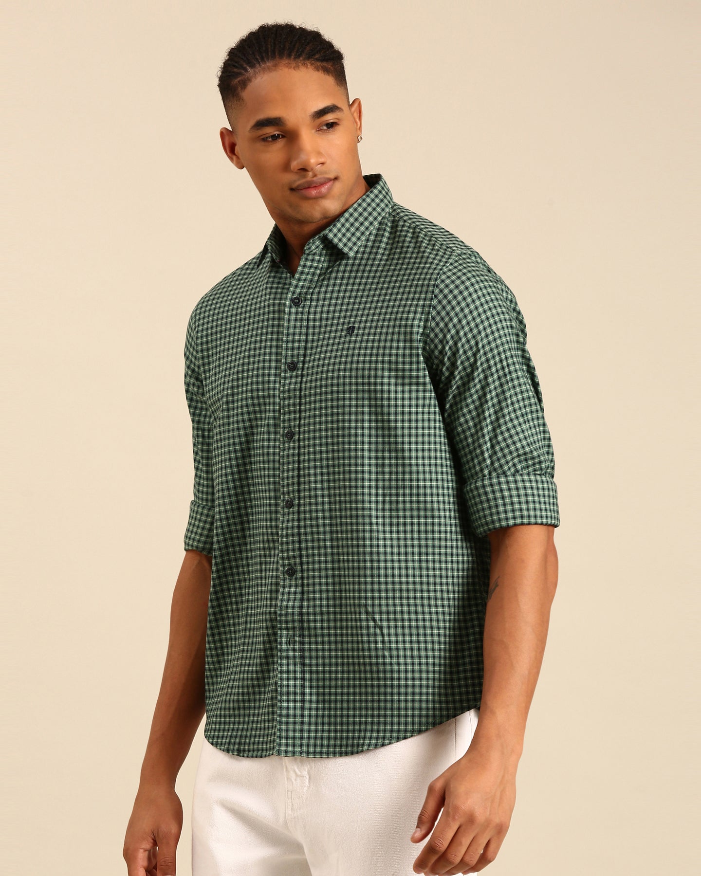 Power Lycra Green-Black Gingham Checkered Full Sleeve Shirt