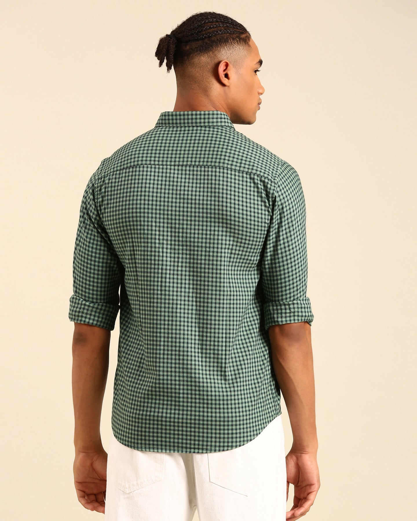 Power Lycra Green-Black Gingham Checkered Full Sleeve Shirt