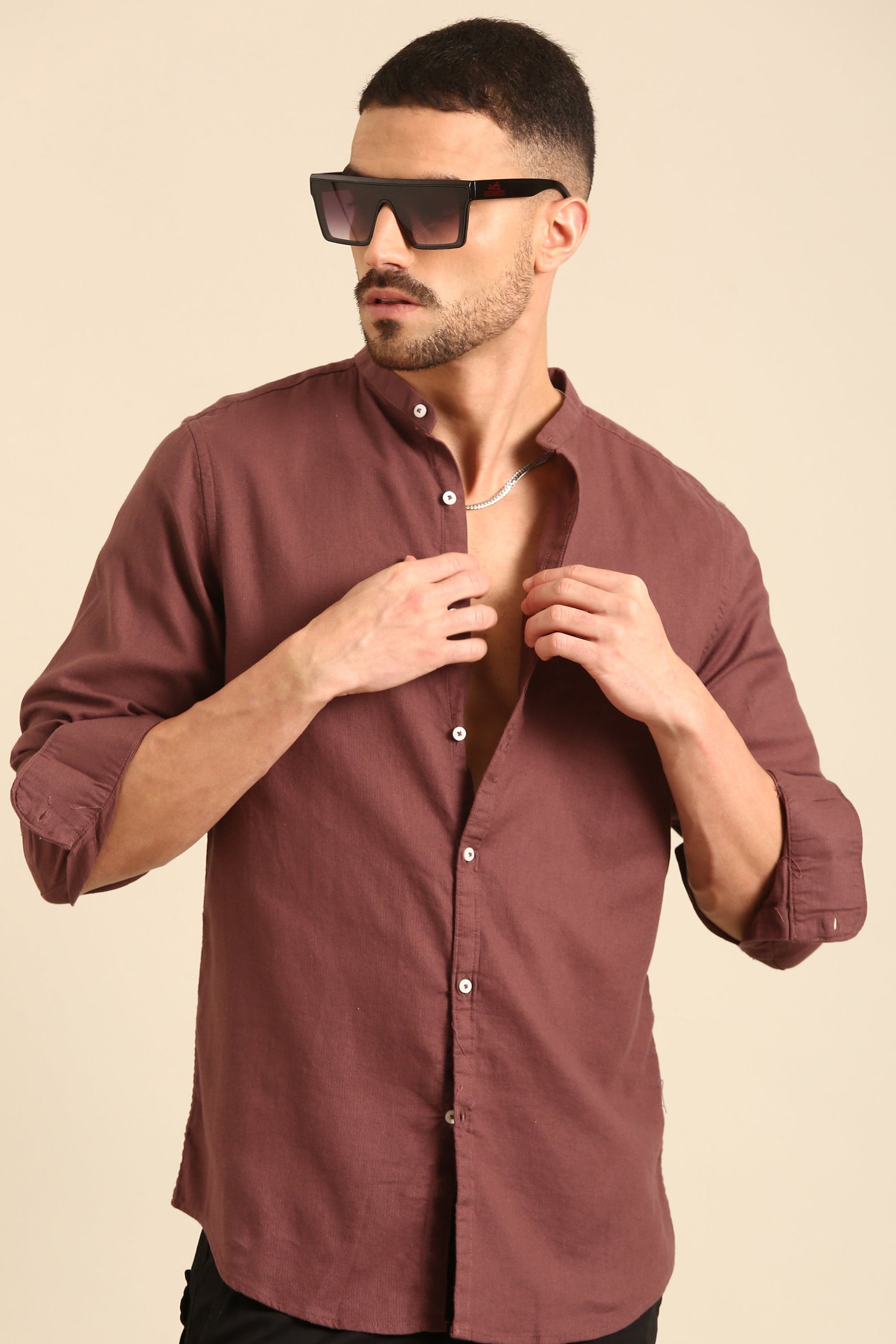 Jute Cotton Dyed Brown  Full Sleeve Shirt With Band Collar