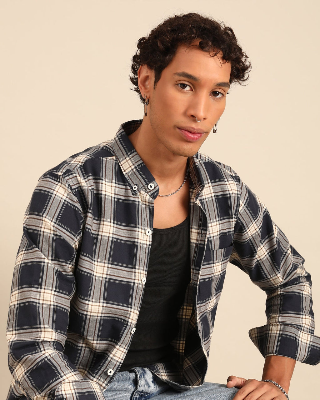 Oxford Yarn Black-White Window Pane Checkered Full Sleeve Shirt