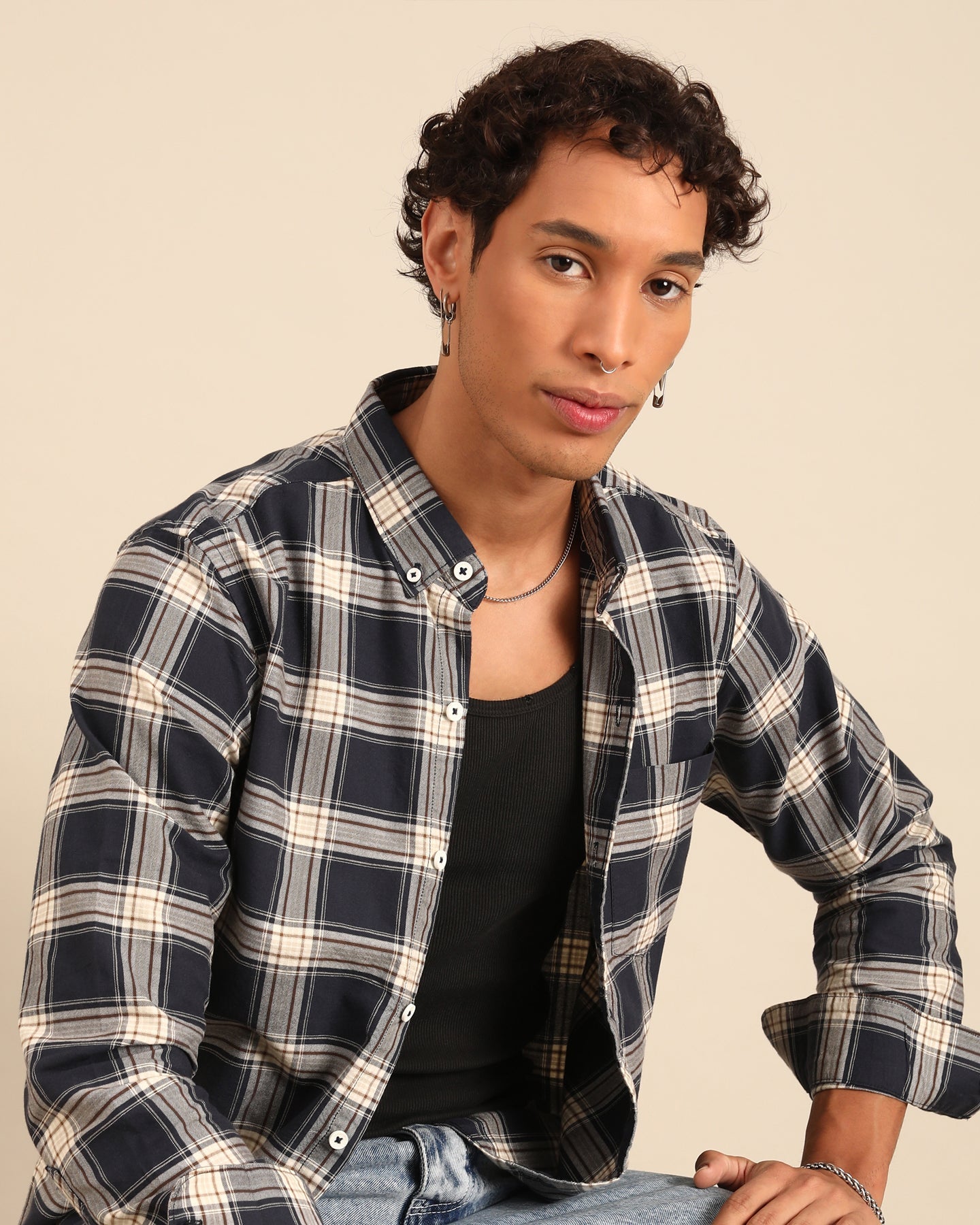 Oxford Yarn Black-White Window Pane Checkered Full Sleeve Shirt