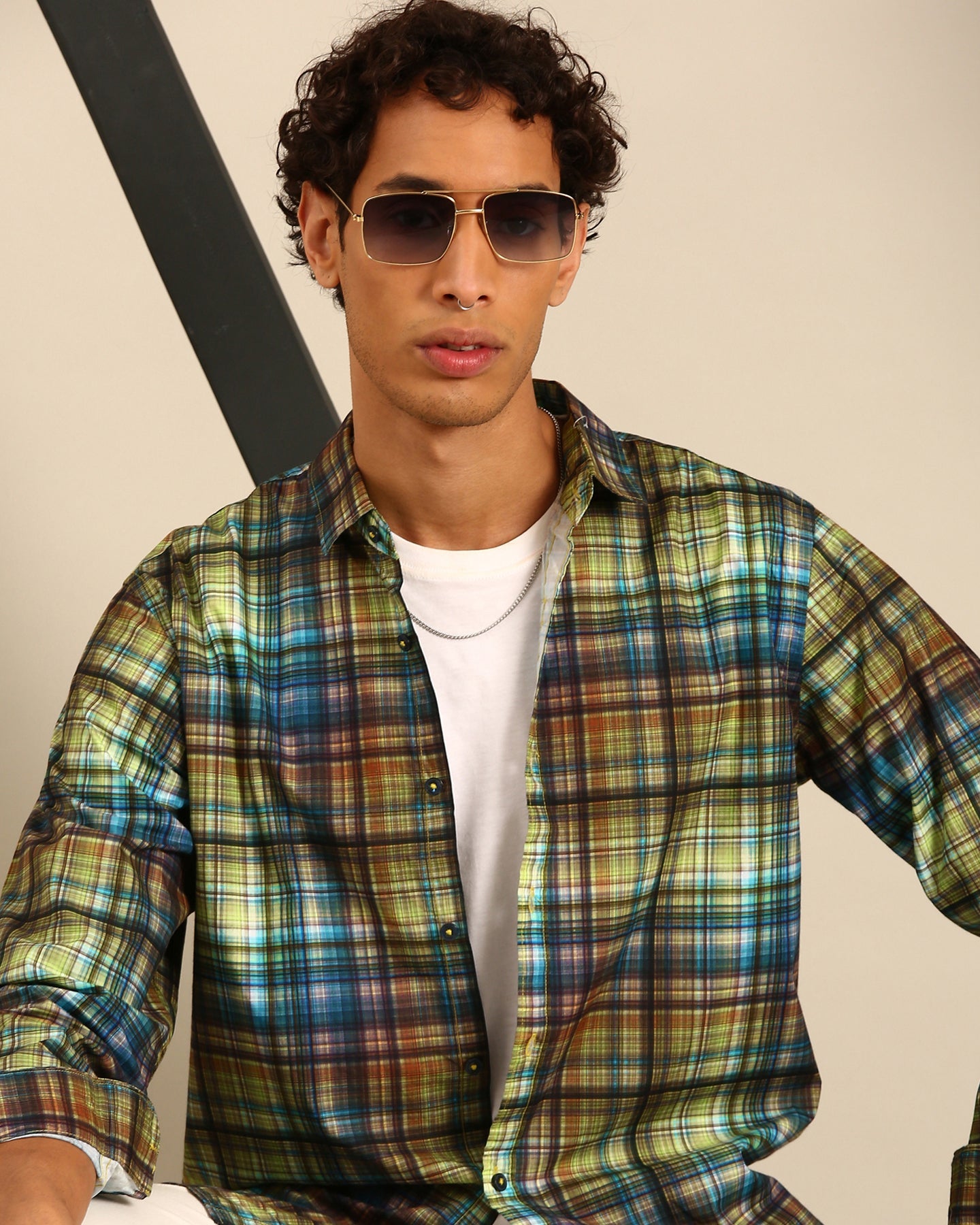 Classic Yellow and Blue Digital Print Madras Checked Full Sleeve Shirt