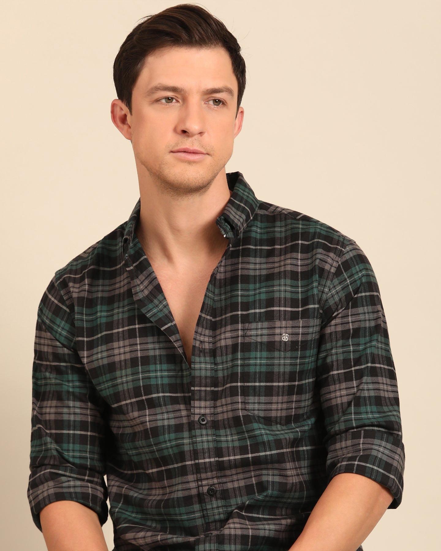 Oxford Yarn Dyed Green Grey Tartan Plaid Full Sleeve Checkered Shirt