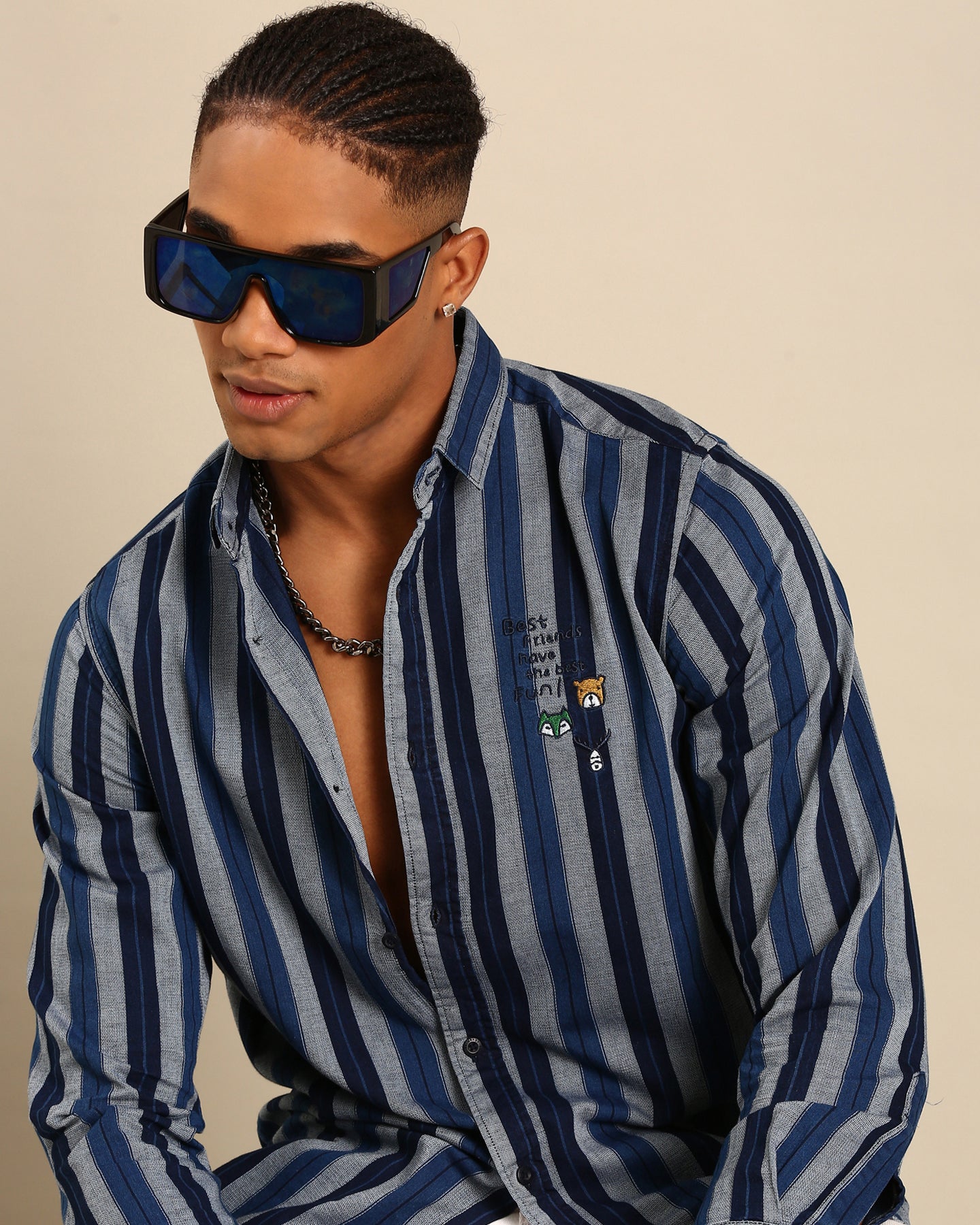 Yarn Dyed Indigo Variegated Stripe Navy Blue-Grey Full Sleeve Shirt