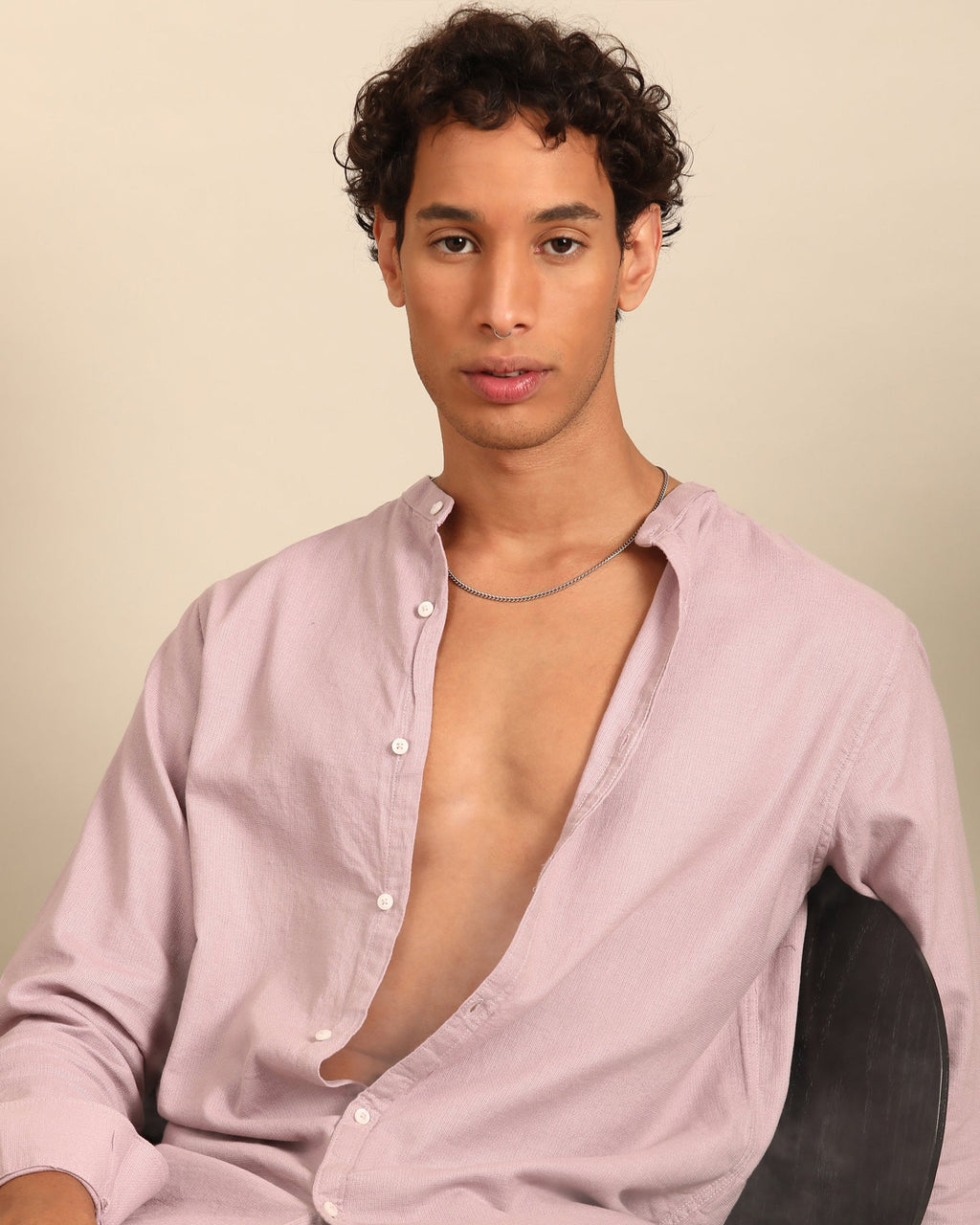 Jute Cotton Solid Cherry Blossom Full Sleeve Shirt With Band Collar