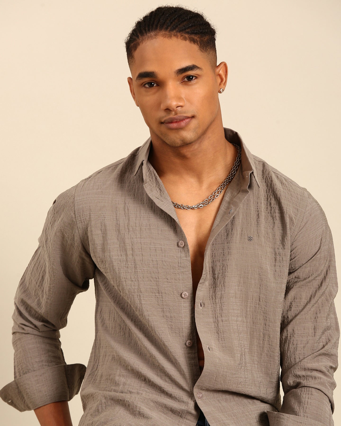 Crushed Fabric Solid Brown Full Sleeve Shirt