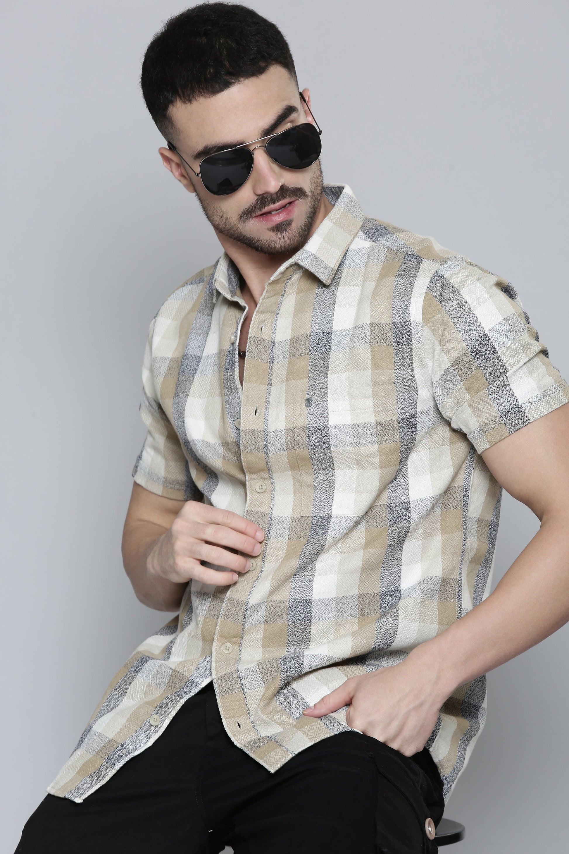 Classic Beige  Checked Full Sleeve Shirt For Men