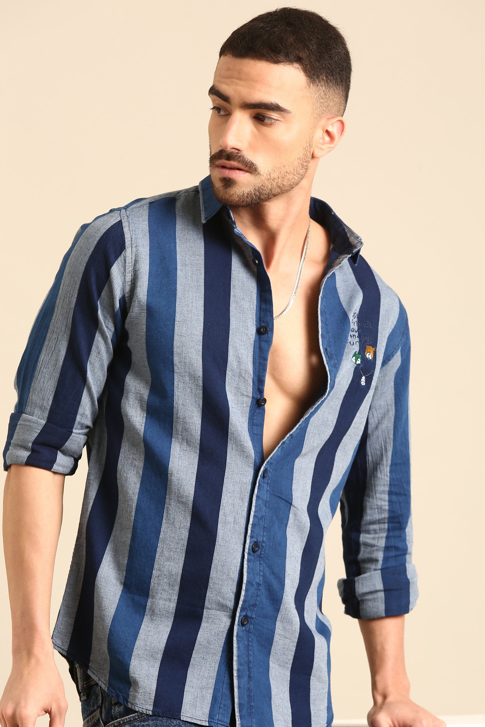 Men'S Full Sleeve Indigo -Grey  Stripe Print Viscose Shirt
