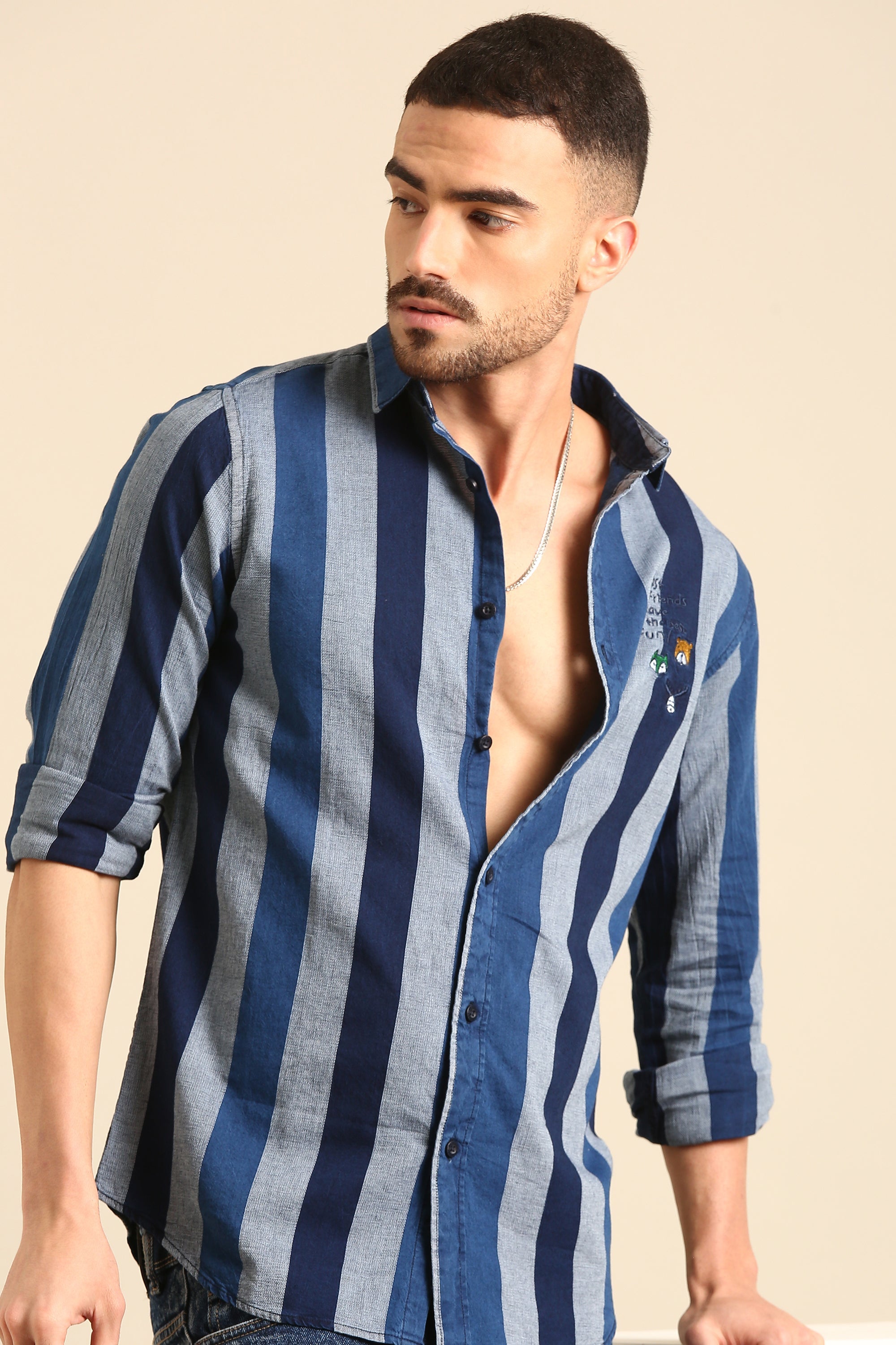 Men'S Full Sleeve Indigo -Grey  Stripe Print Viscose Shirt