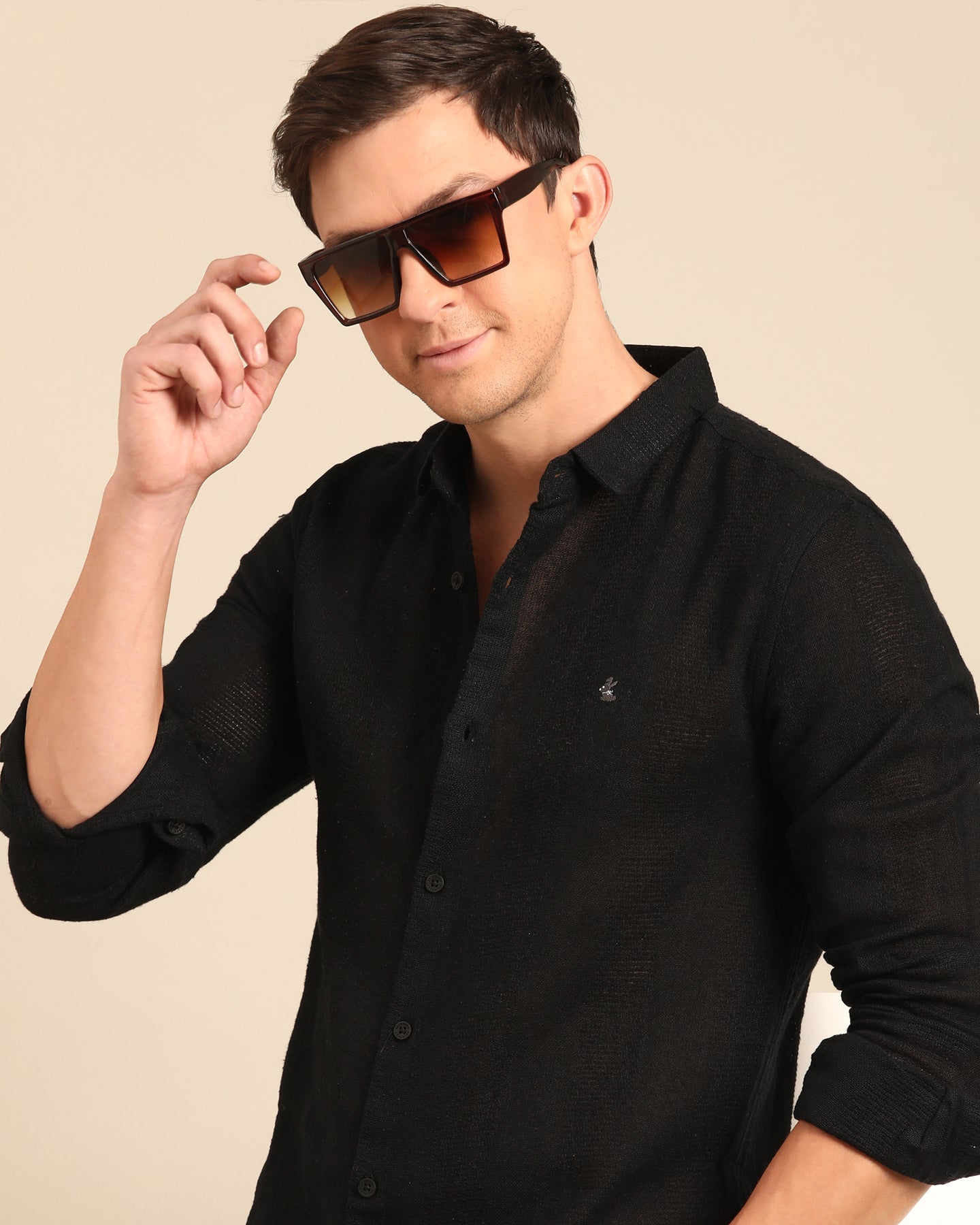Jute Cotton Solid Black Self Stripe Full Sleeve Shirt