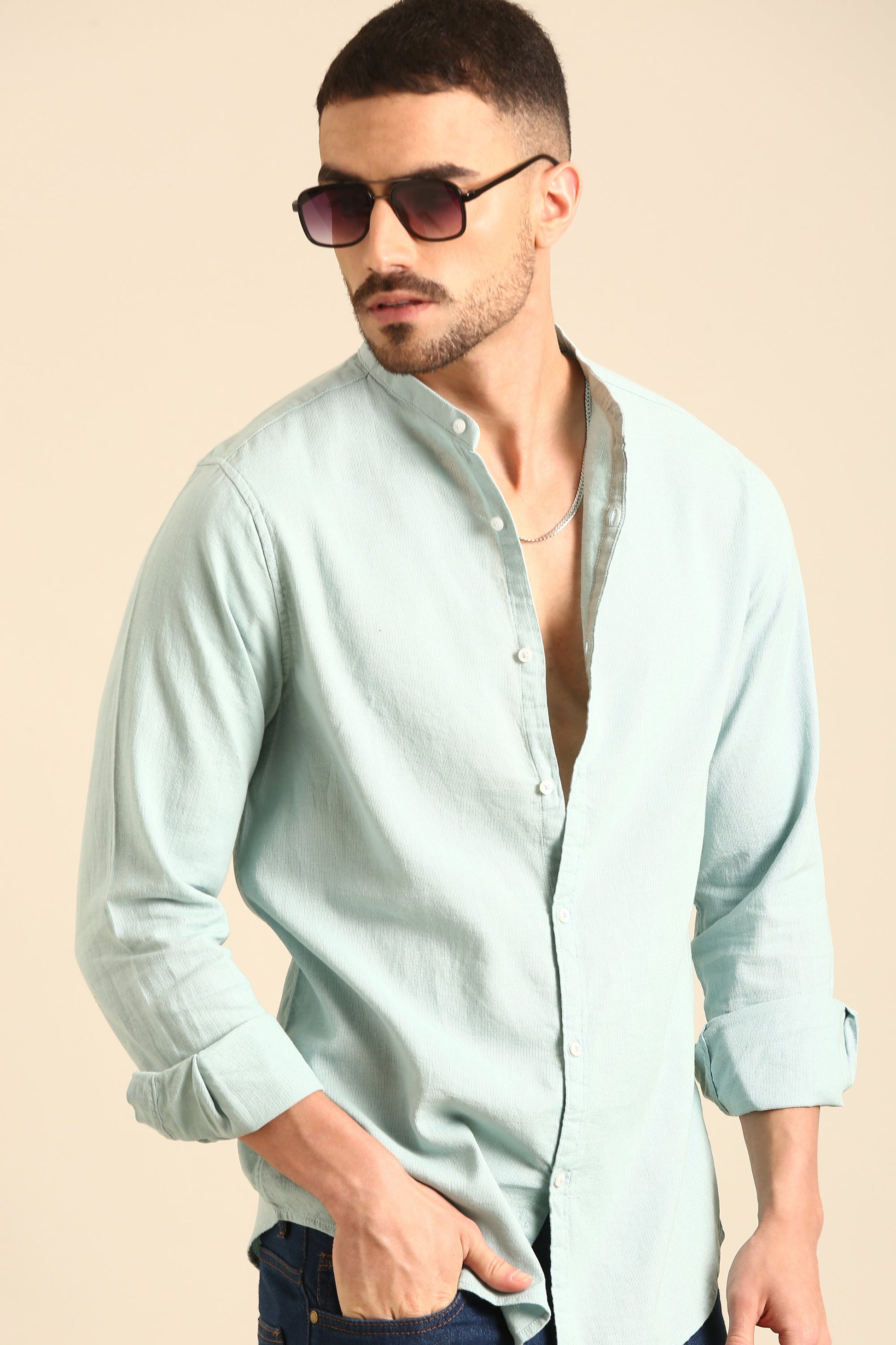 Jute Cotton Dyed Mint green  Full Sleeve Shirt With Band Collar