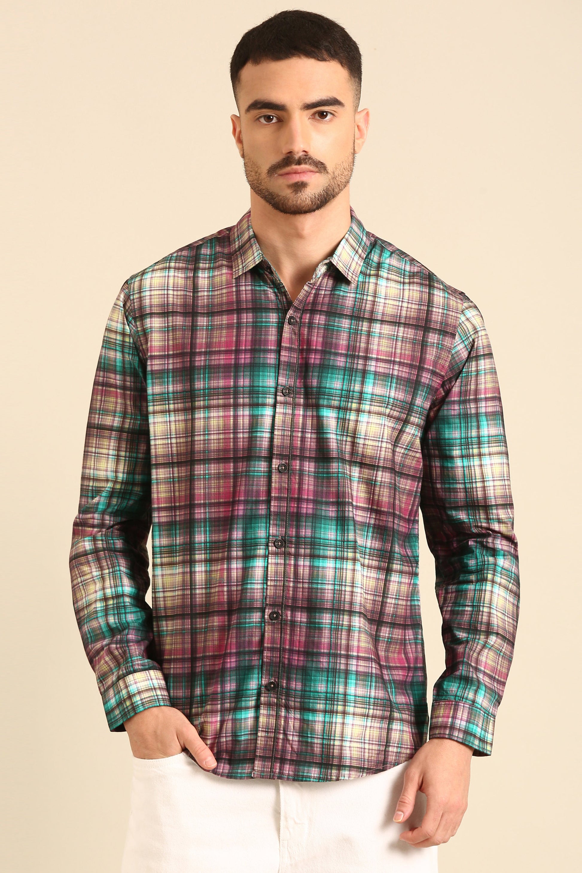 Classic Maroon-Blue Digital Print Checked Full Sleeve Shirt For Men