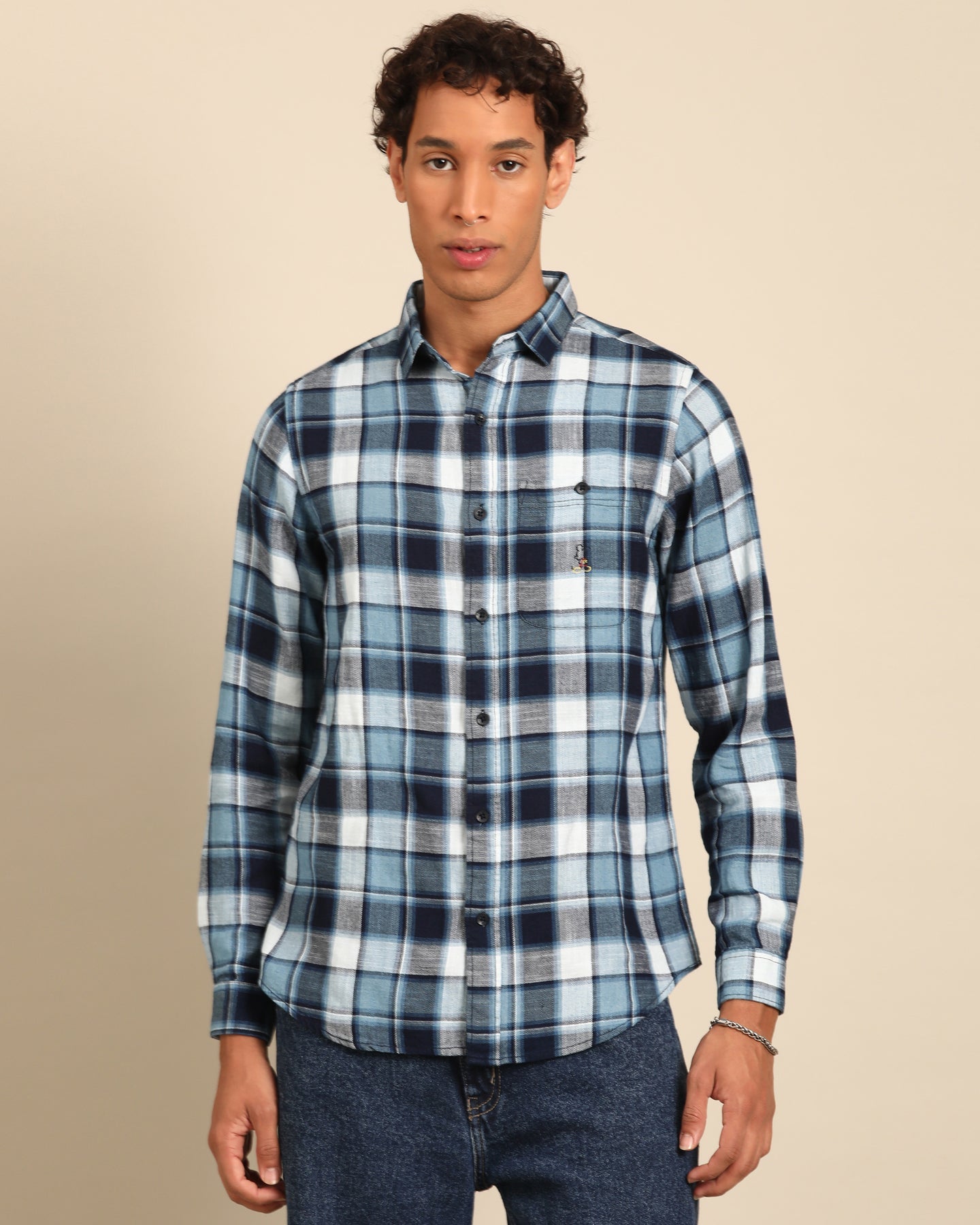 Yarn Dyed Blue-Grey Checkered Full Sleeve Shirt