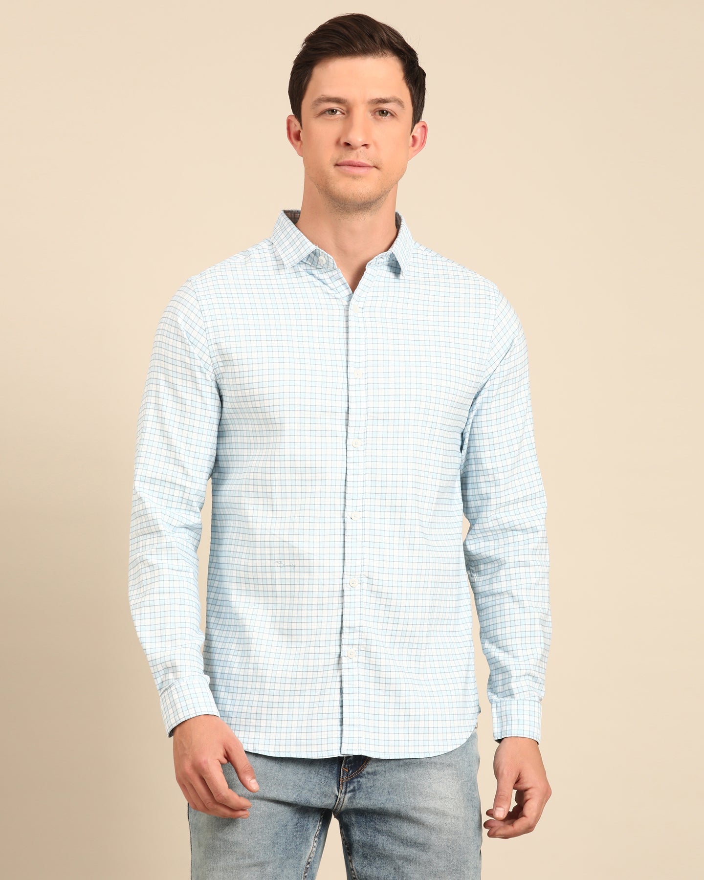 Sky Blue and White Gingham Check Full Sleeve Shirt | Cotton-Lycra Blend