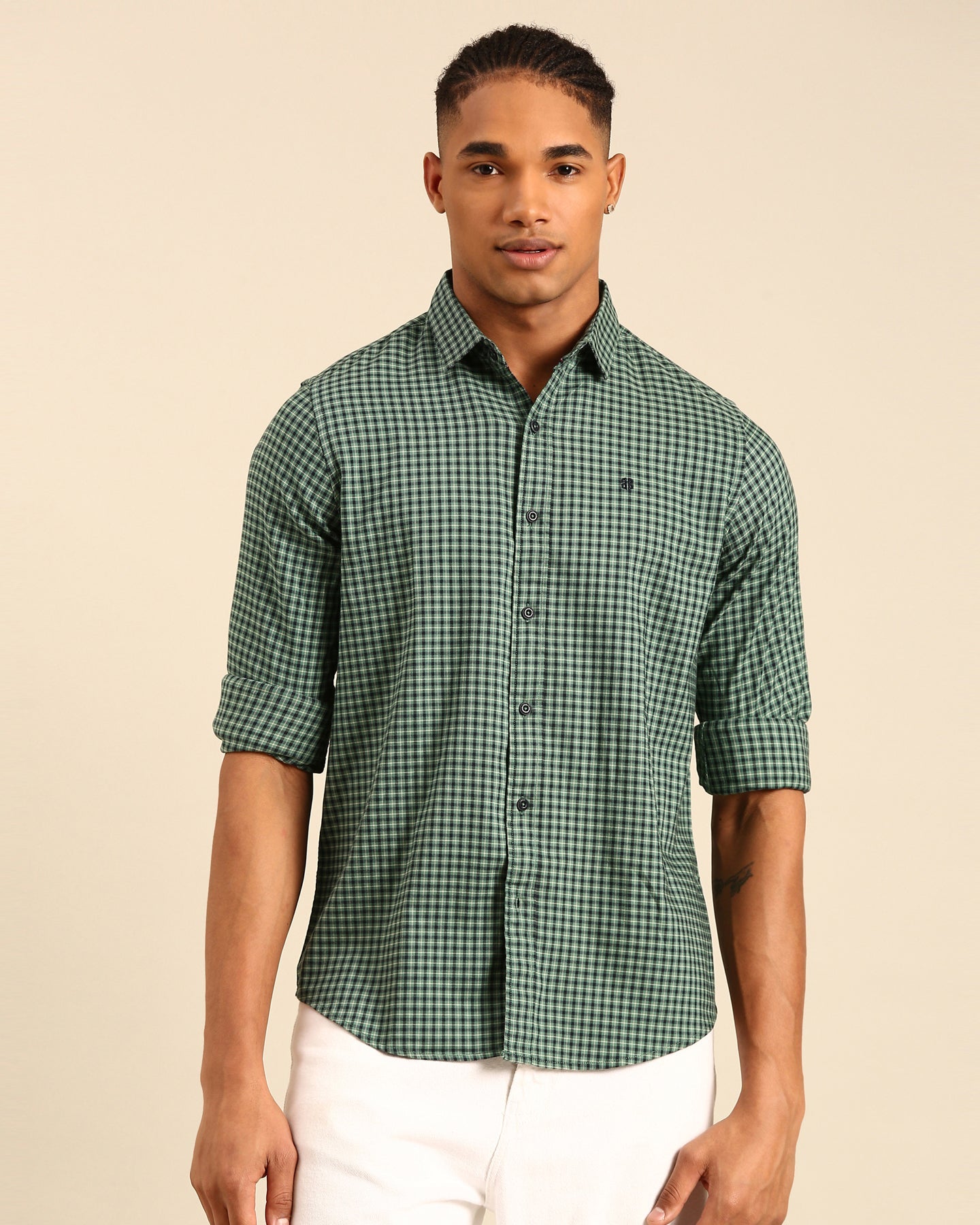 Power Lycra Green-Black Gingham Checkered Full Sleeve Shirt