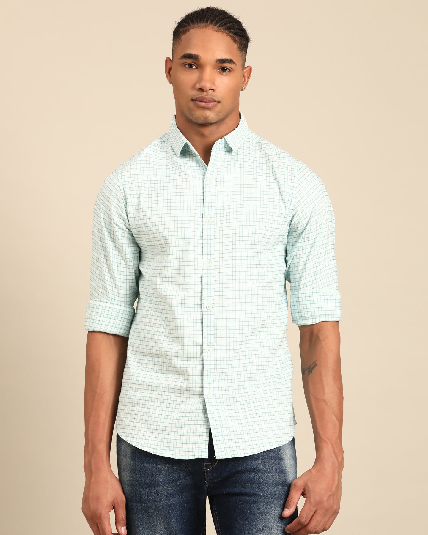 Mint and White Gingham Check Full Sleeve Shirt | Cotton-Lycra Blend