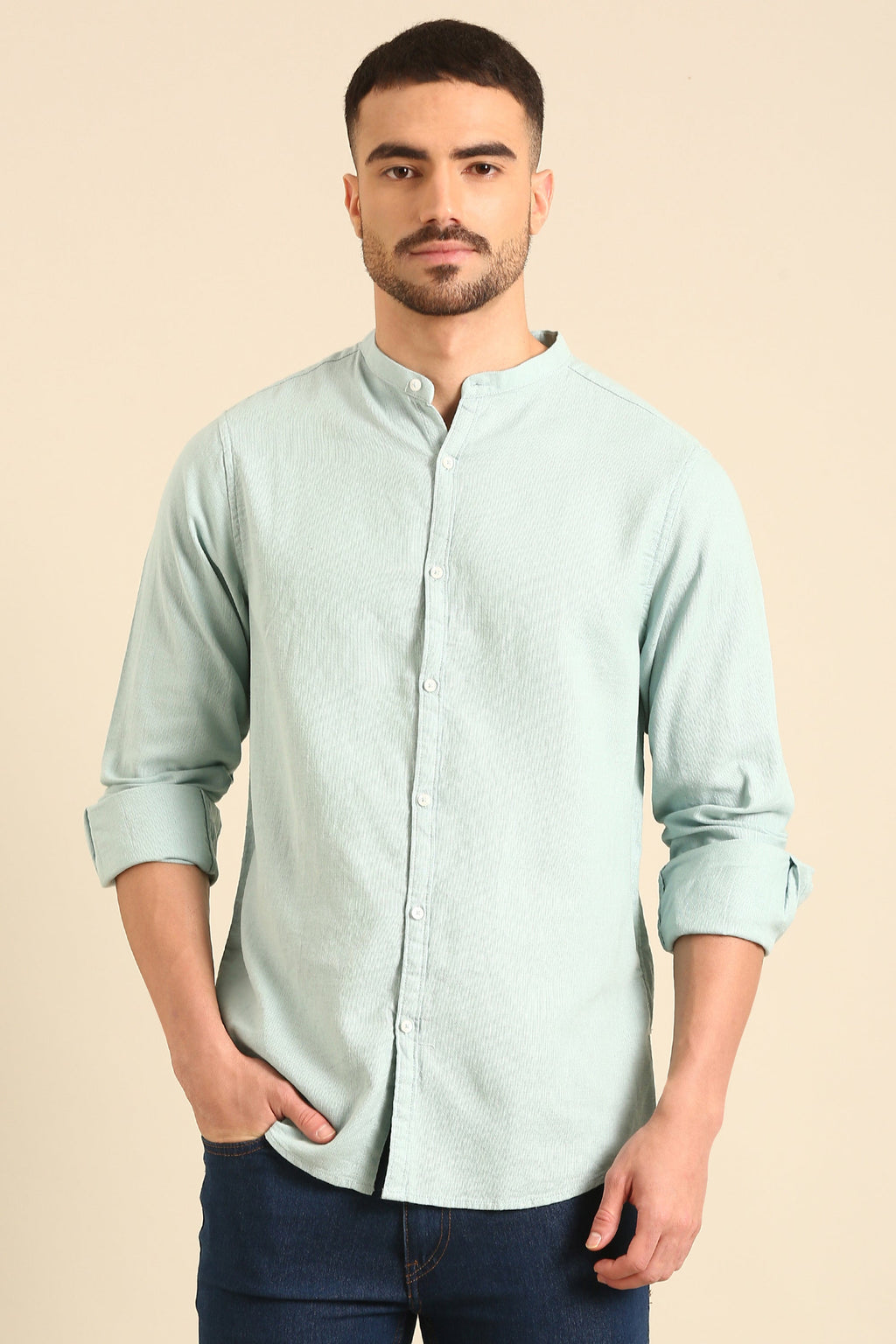 Jute Cotton Dyed Mint green  Full Sleeve Shirt With Band Collar