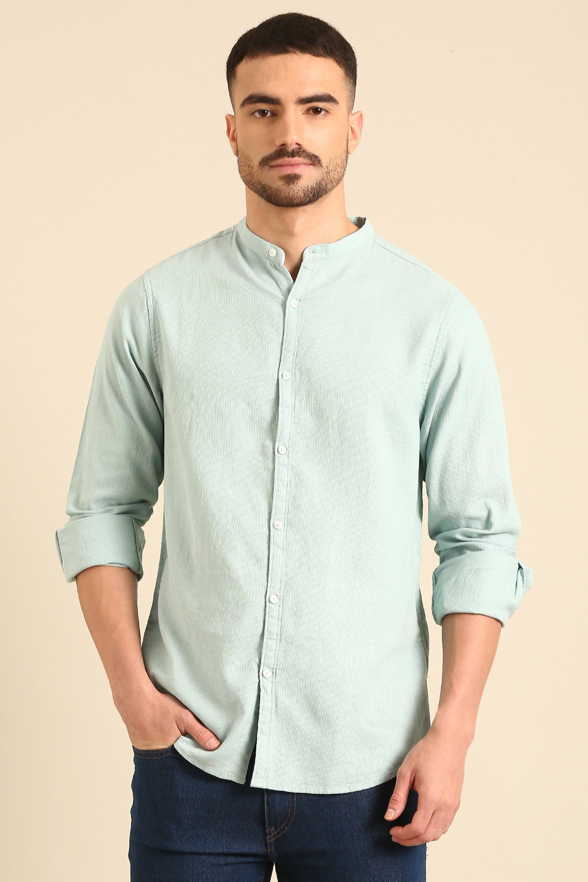 Jute Cotton Dyed Mint green  Full Sleeve Shirt With Band Collar