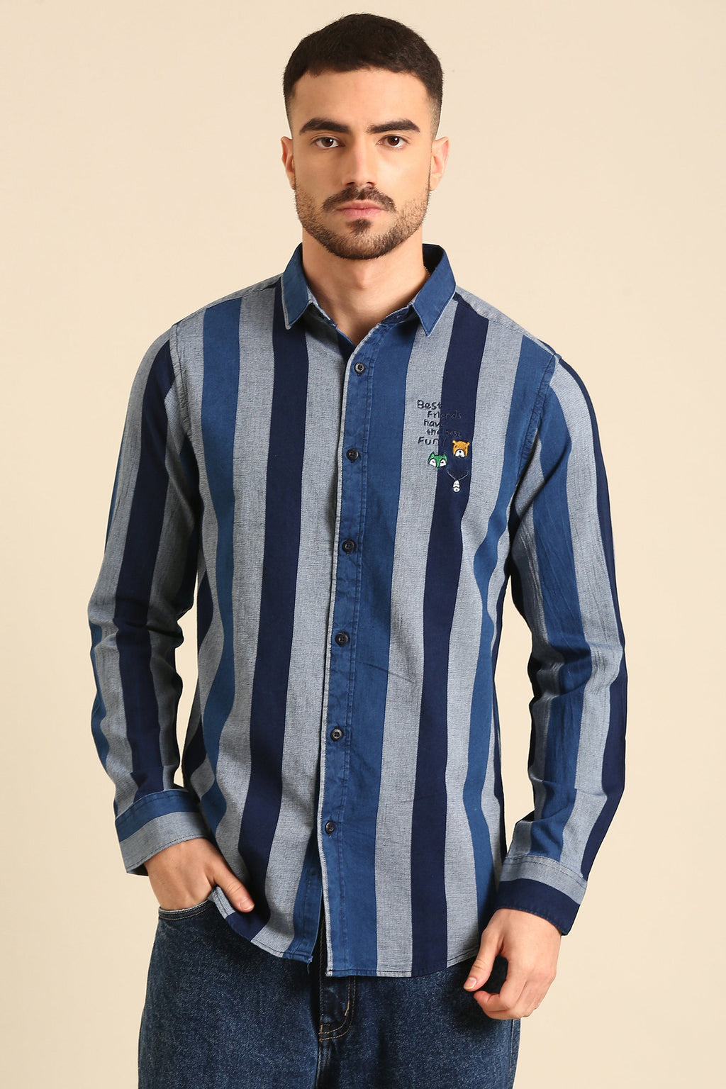 Men'S Full Sleeve Indigo -Grey  Stripe Print Viscose Shirt