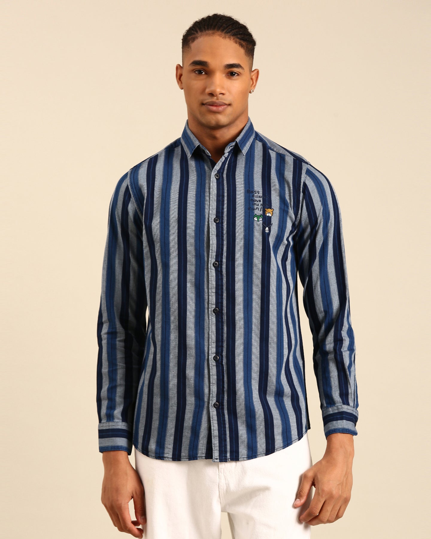Yarn Dyed Indigo Variegated Stripe Navy Blue-Grey Full Sleeve Shirt