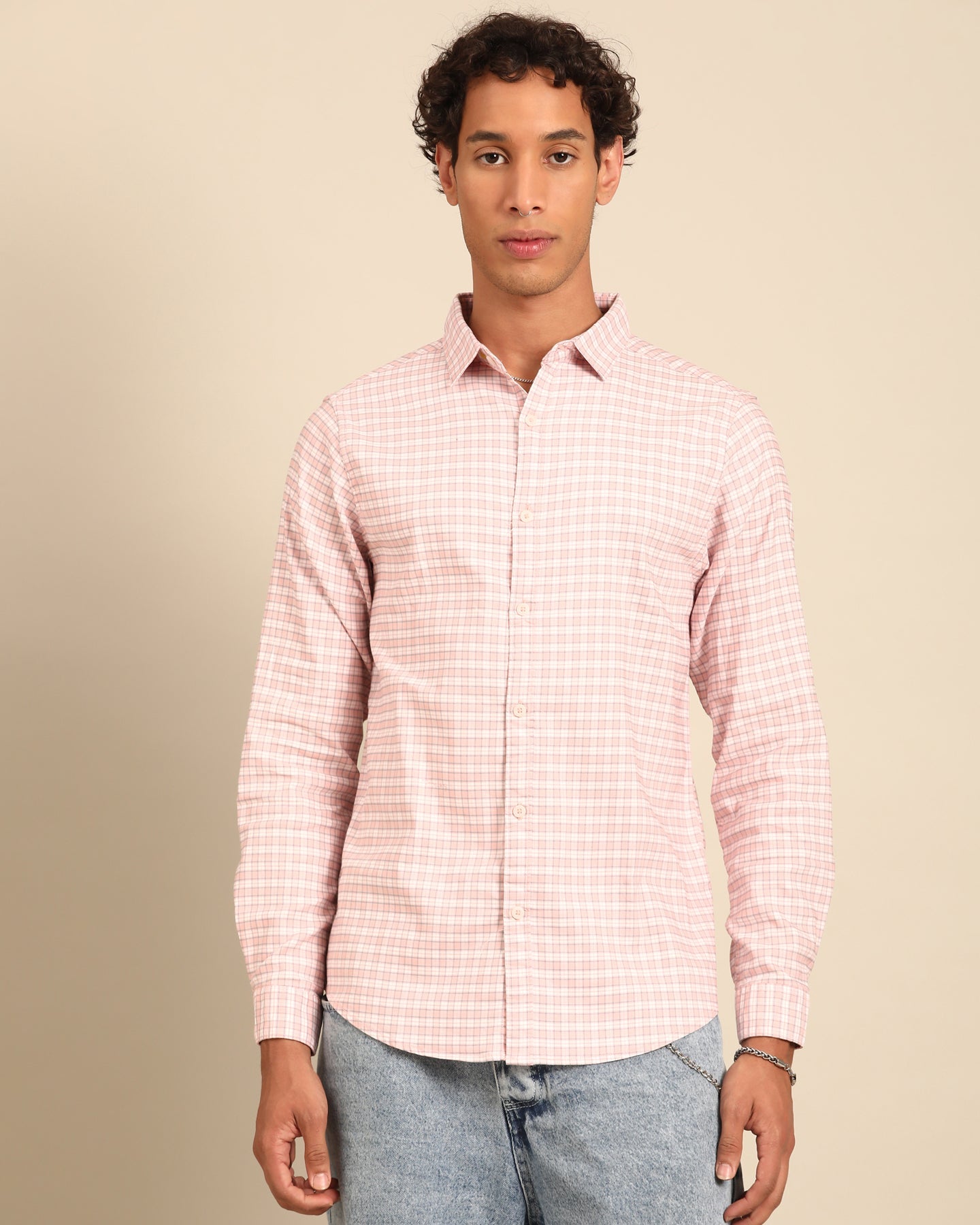 Pink and White Gingham Check Full Sleeve Shirt | Cotton-Lycra Blend