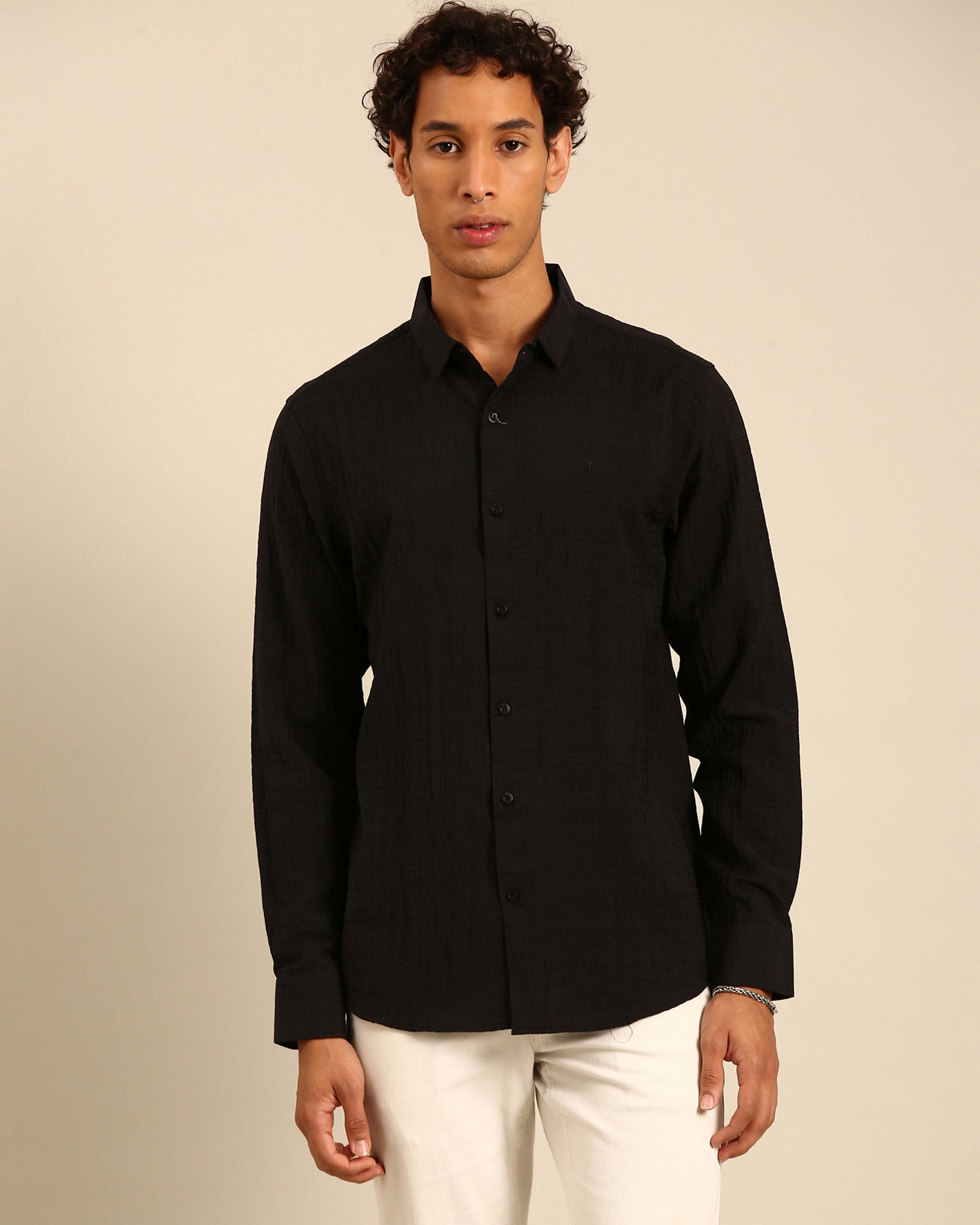 Crushed Fabric Solid Black Full Sleeve Shirt