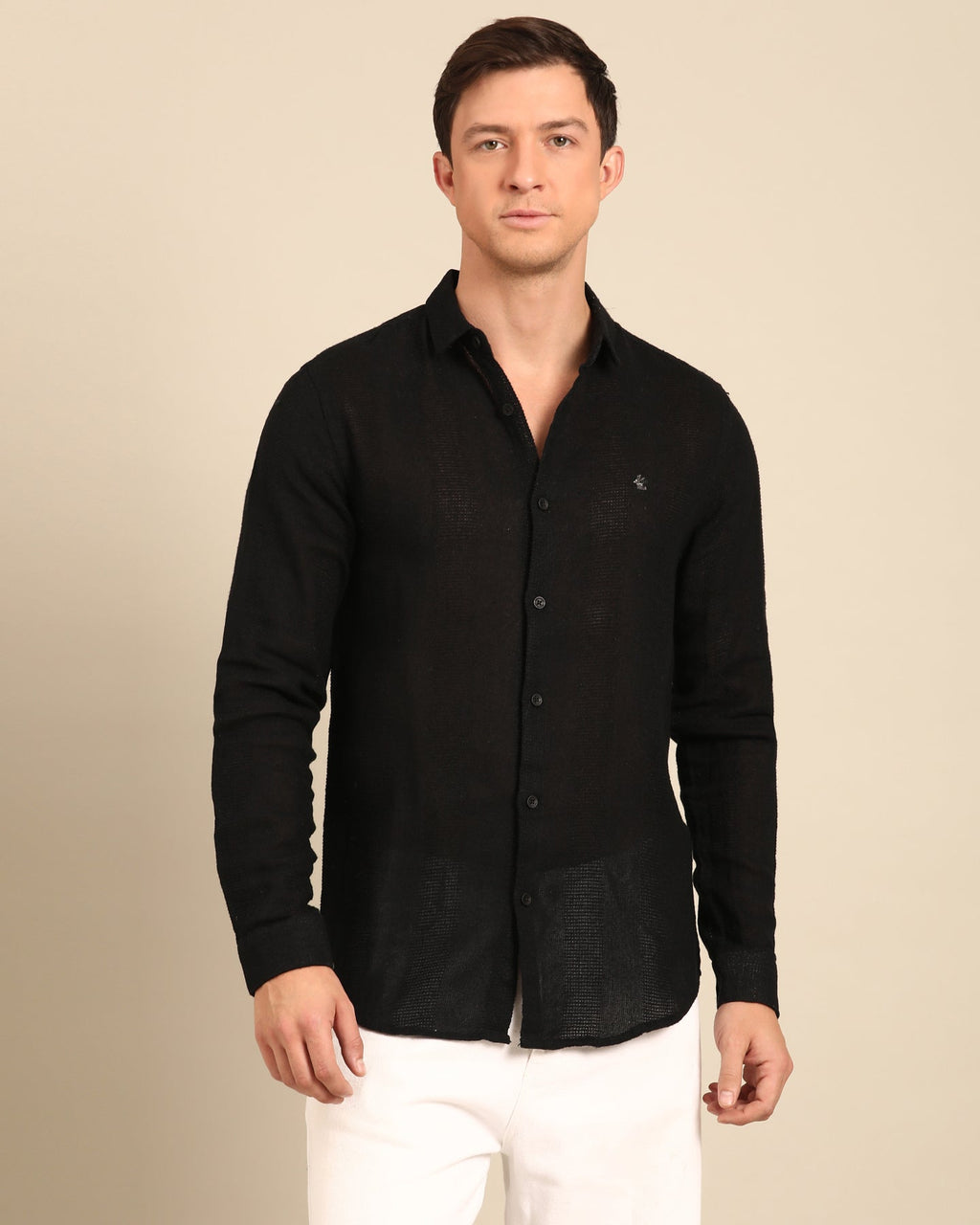 Jute Cotton Solid Black Self Stripe Full Sleeve Shirt