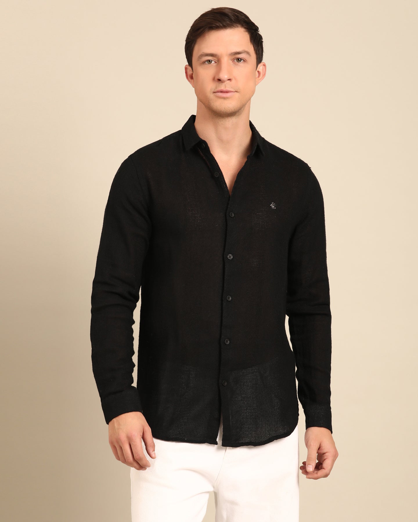 Jute Cotton Solid Black Self Stripe Full Sleeve Shirt