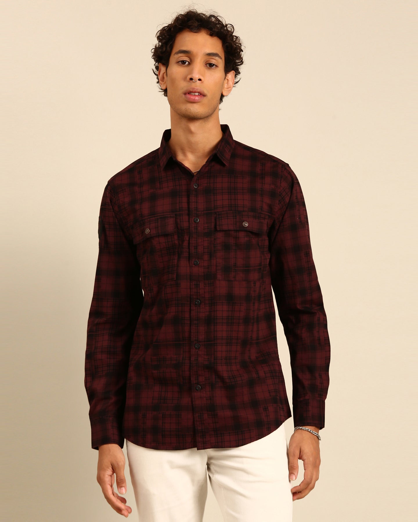 Corduroy Full Sleeve Maroon And Black Tartan Plaid Checks