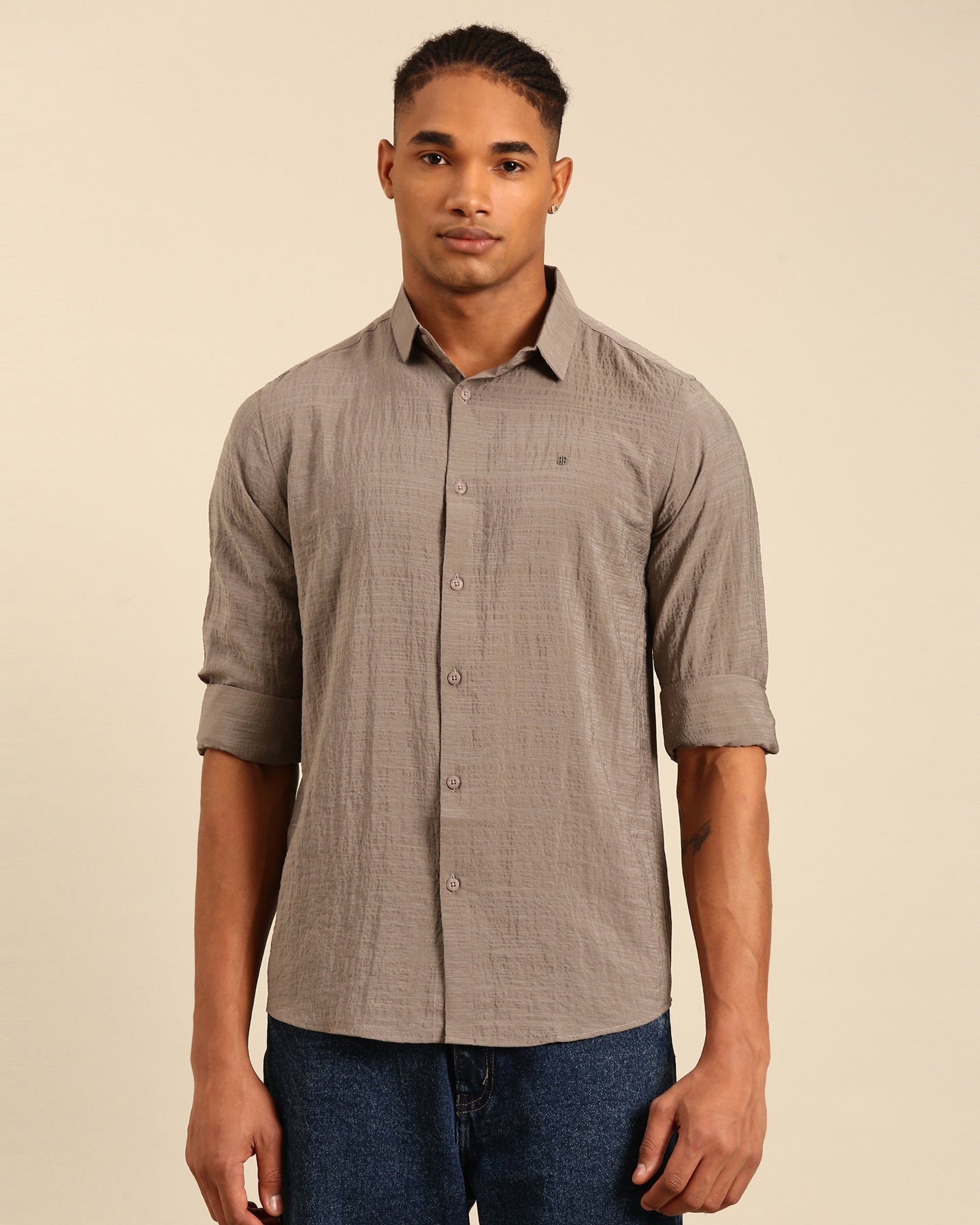 Crushed Fabric Solid Brown Full Sleeve Shirt
