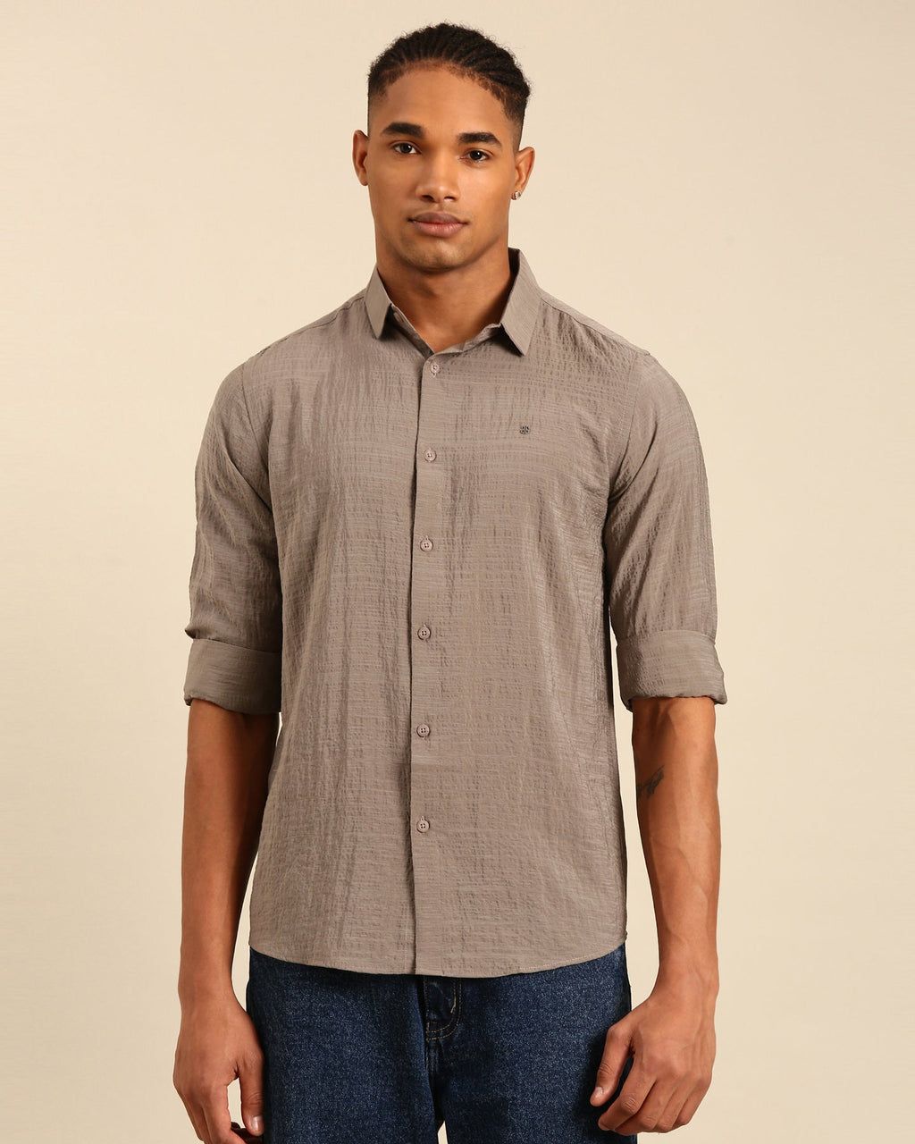 Crushed Fabric Solid Brown Full Sleeve Shirt