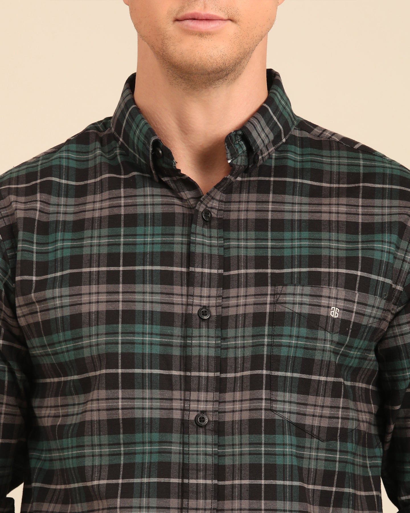 Oxford Yarn Dyed Green Grey Tartan Plaid Full Sleeve Checkered Shirt