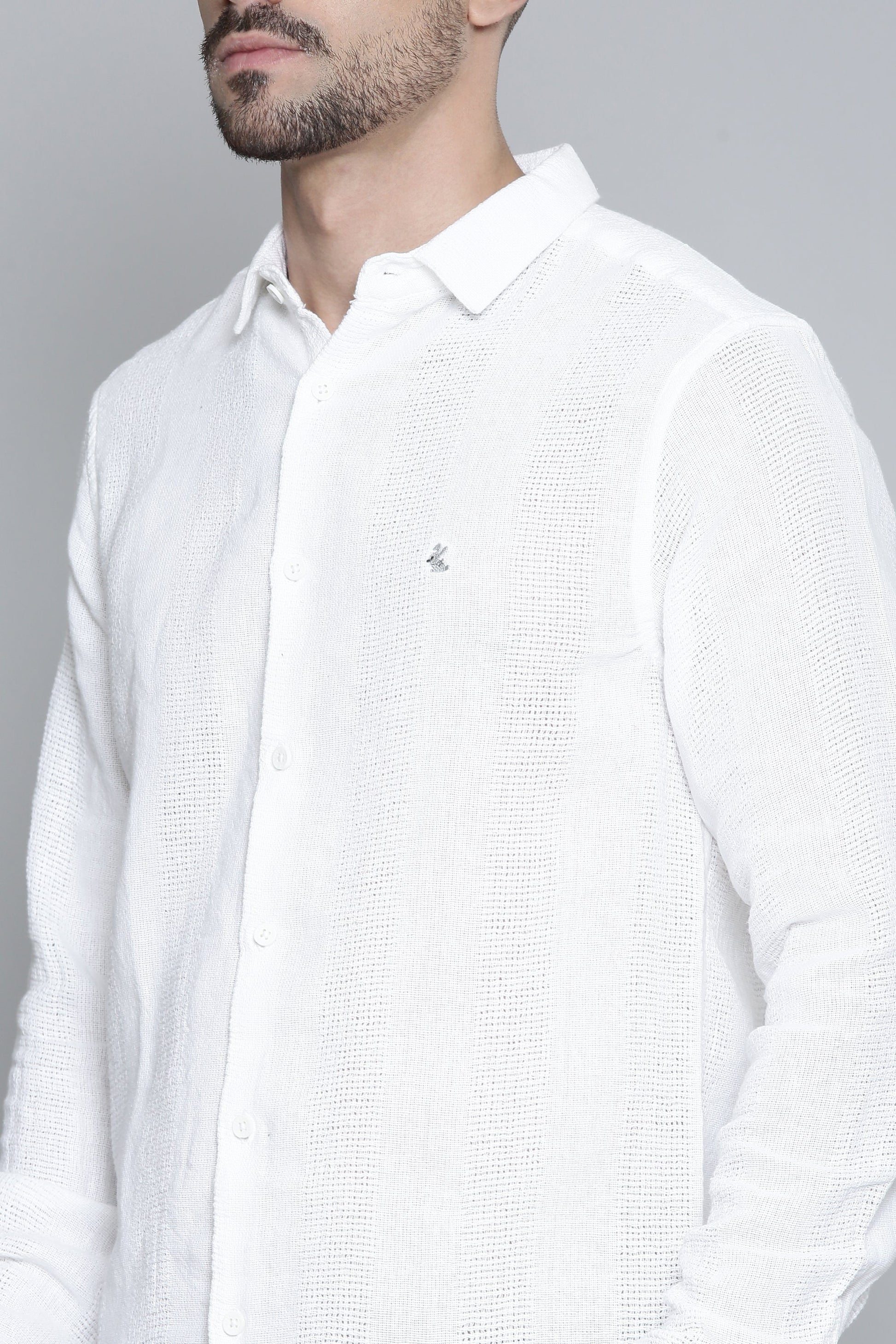 Men'S Full White Sleeve Solid Print Jute Shirt