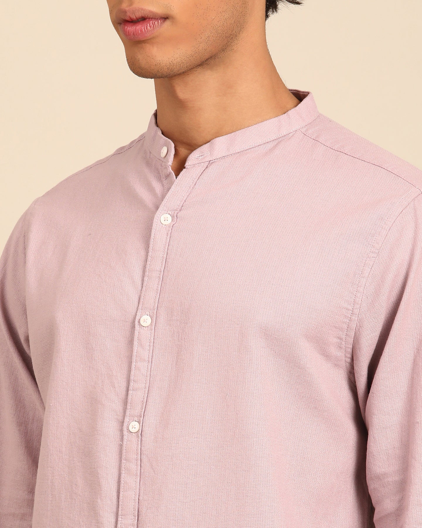 Jute Cotton Solid Cherry Blossom Full Sleeve Shirt With Band Collar