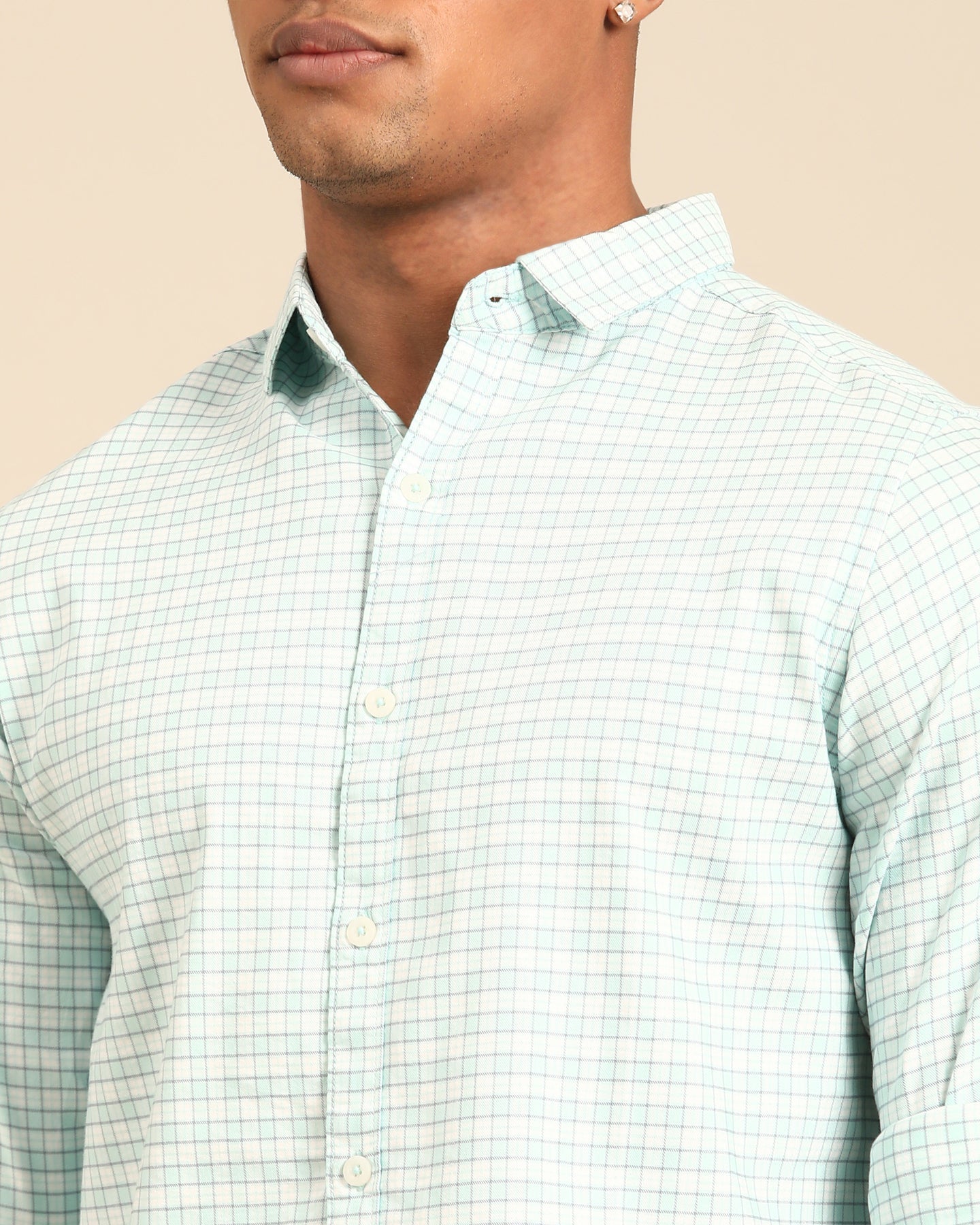 Mint and White Gingham Check Full Sleeve Shirt | Cotton-Lycra Blend