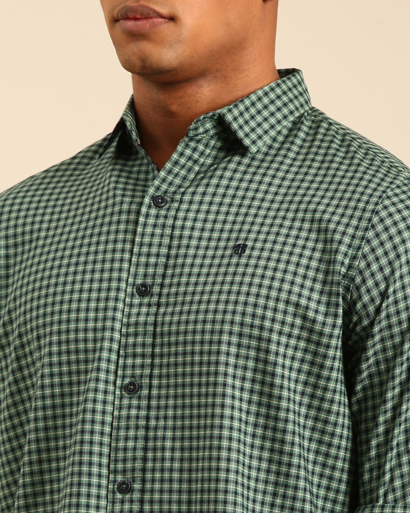 Power Lycra Green-Black Gingham Checkered Full Sleeve Shirt