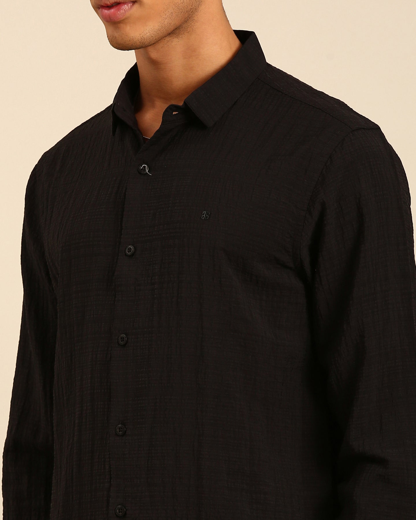 Crushed Fabric Solid Black Full Sleeve Shirt