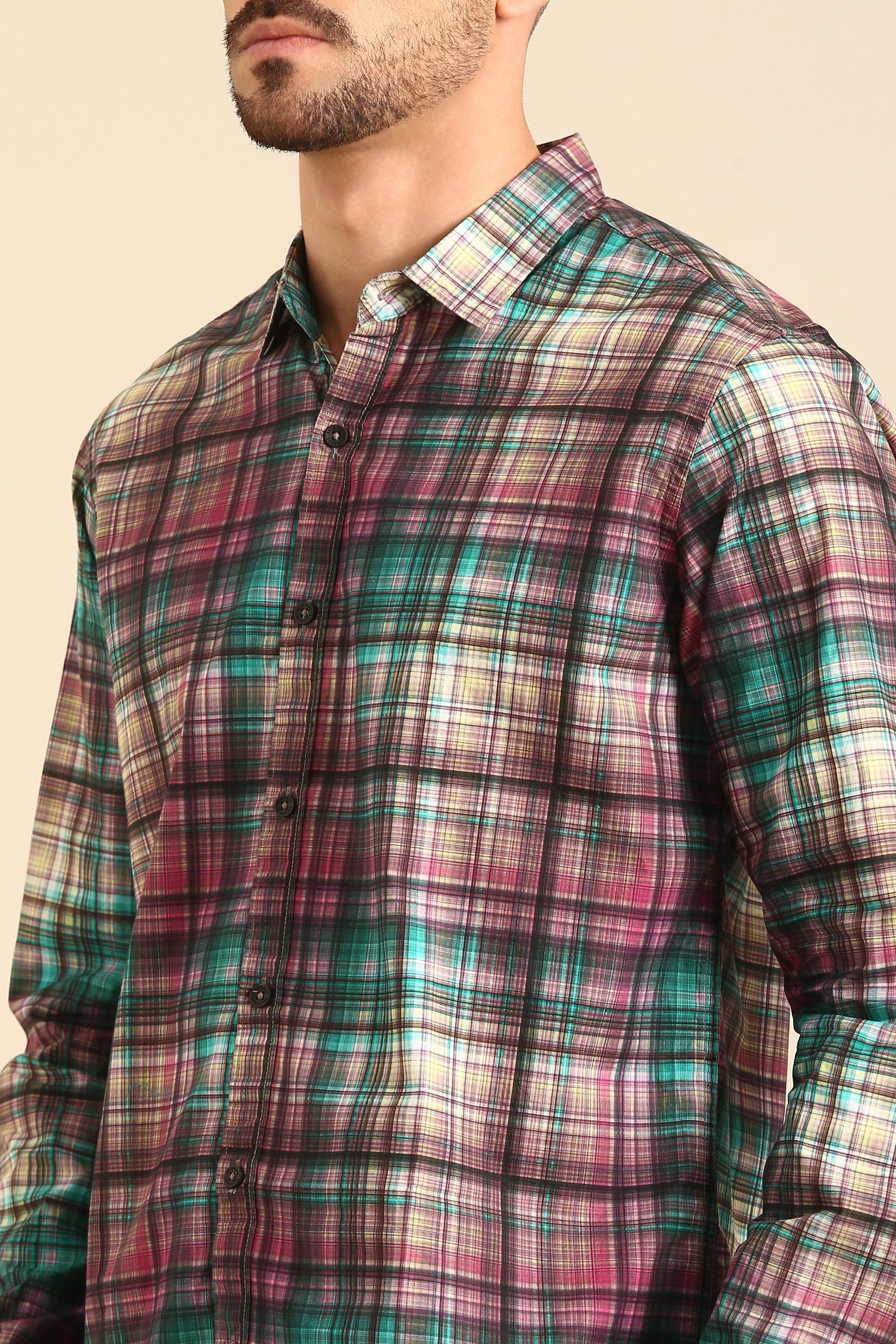 Classic Maroon-Blue Digital Print Checked Full Sleeve Shirt For Men