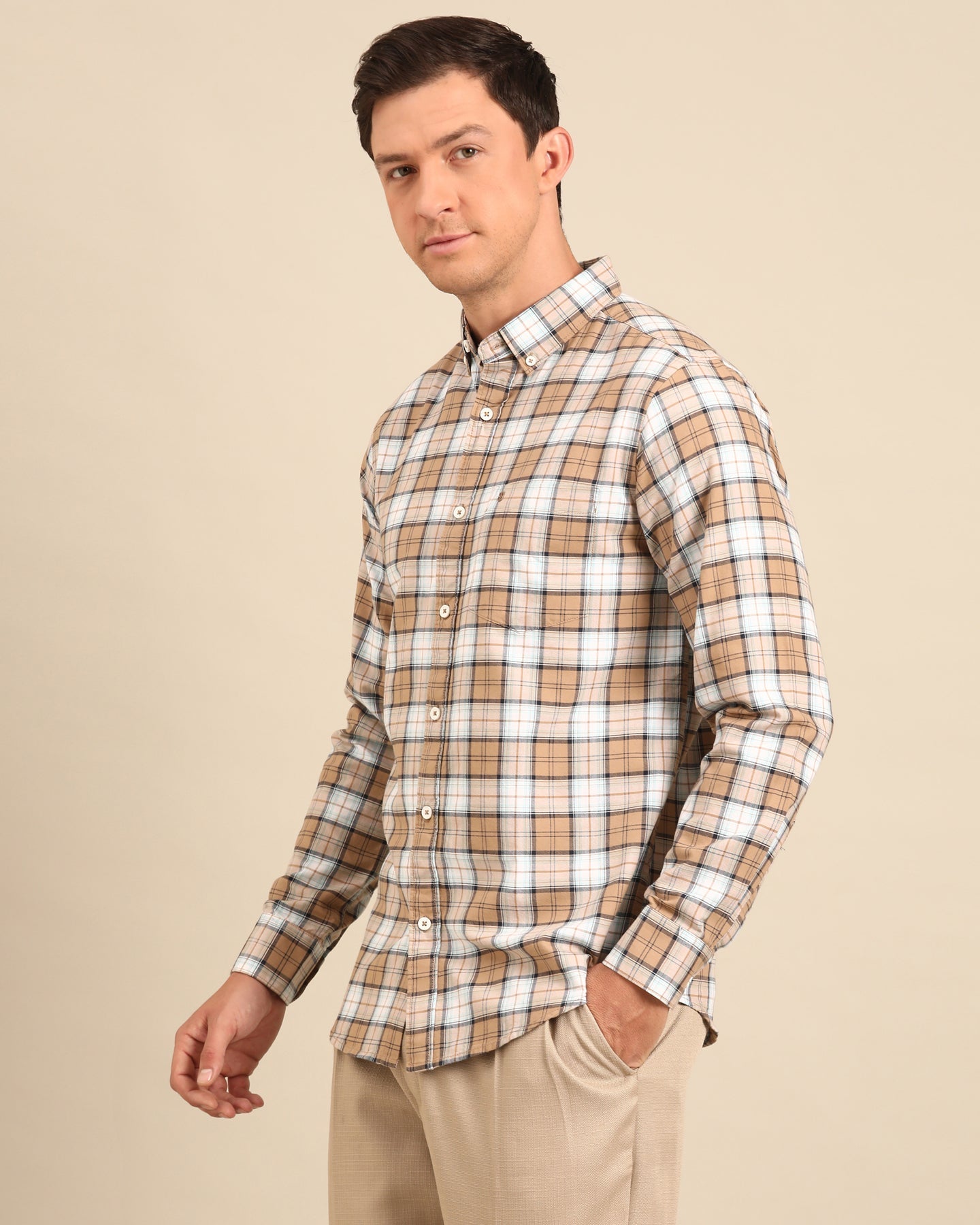 Pure Cotton Brown-White Windowpane Checkered Full Sleeve Shirt