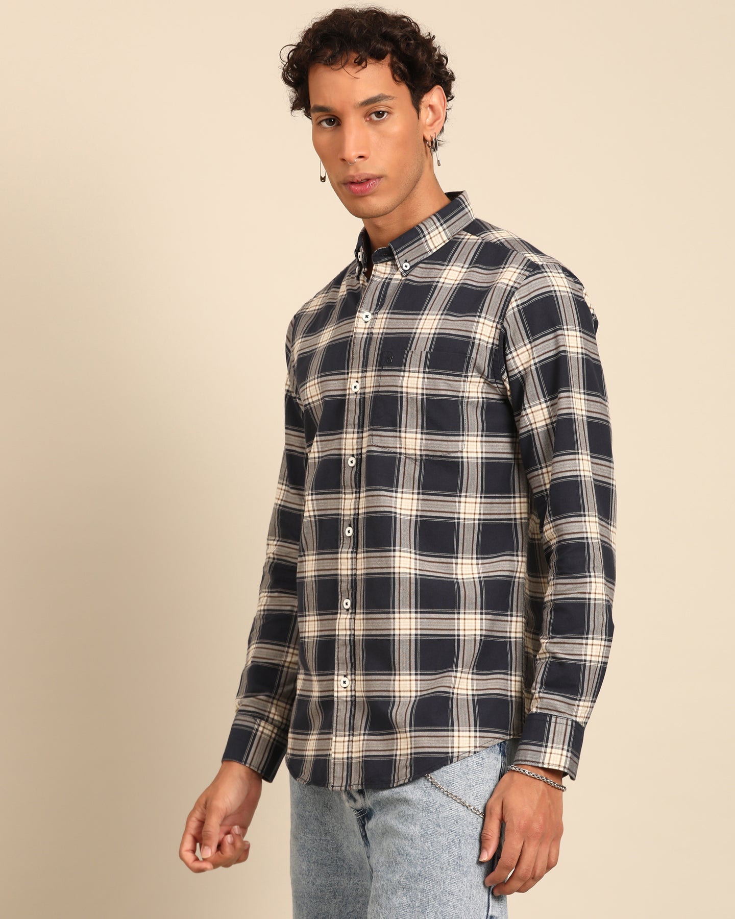 Oxford Yarn Black-White Window Pane Checkered Full Sleeve Shirt