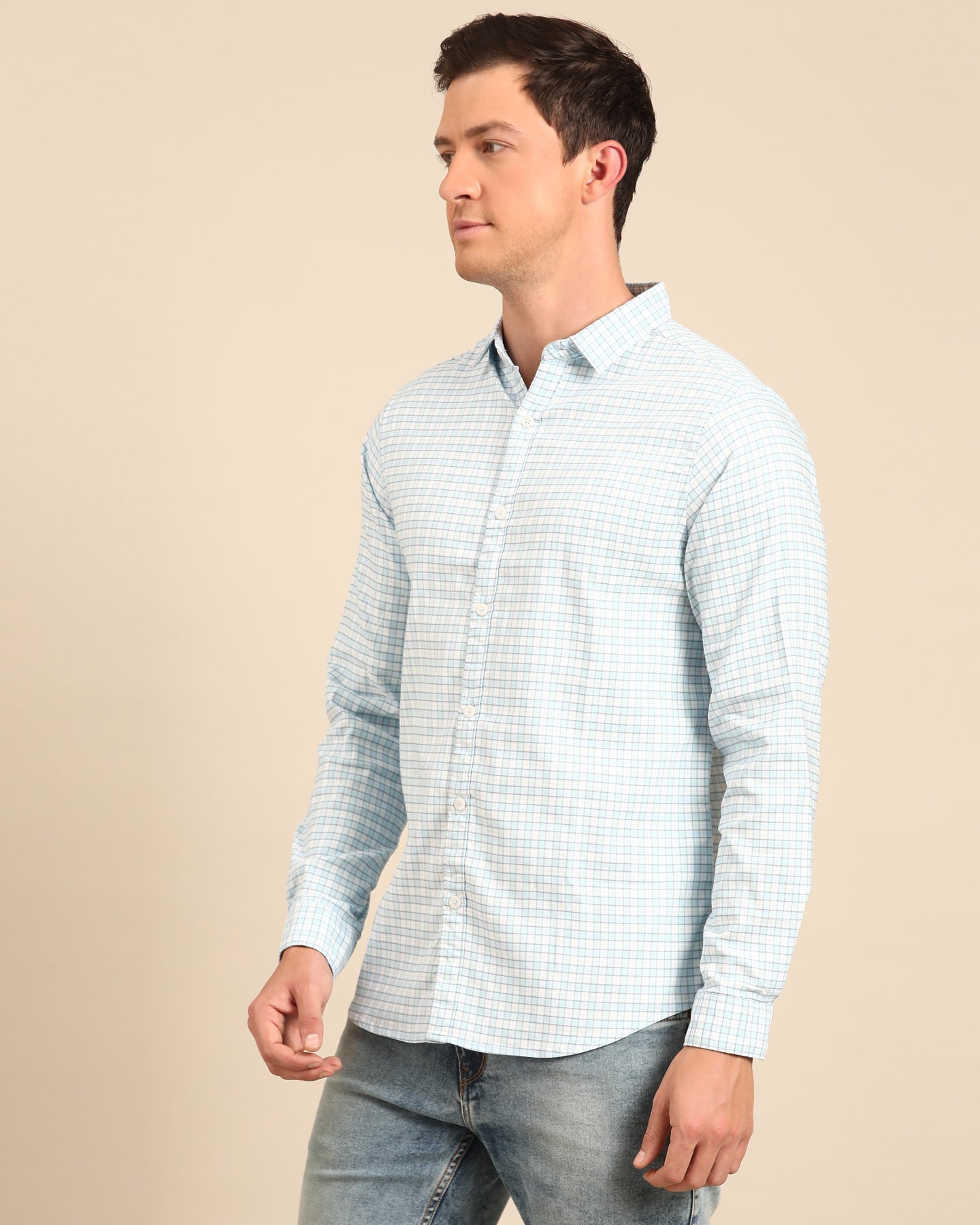 Sky Blue and White Gingham Check Full Sleeve Shirt | Cotton-Lycra Blend