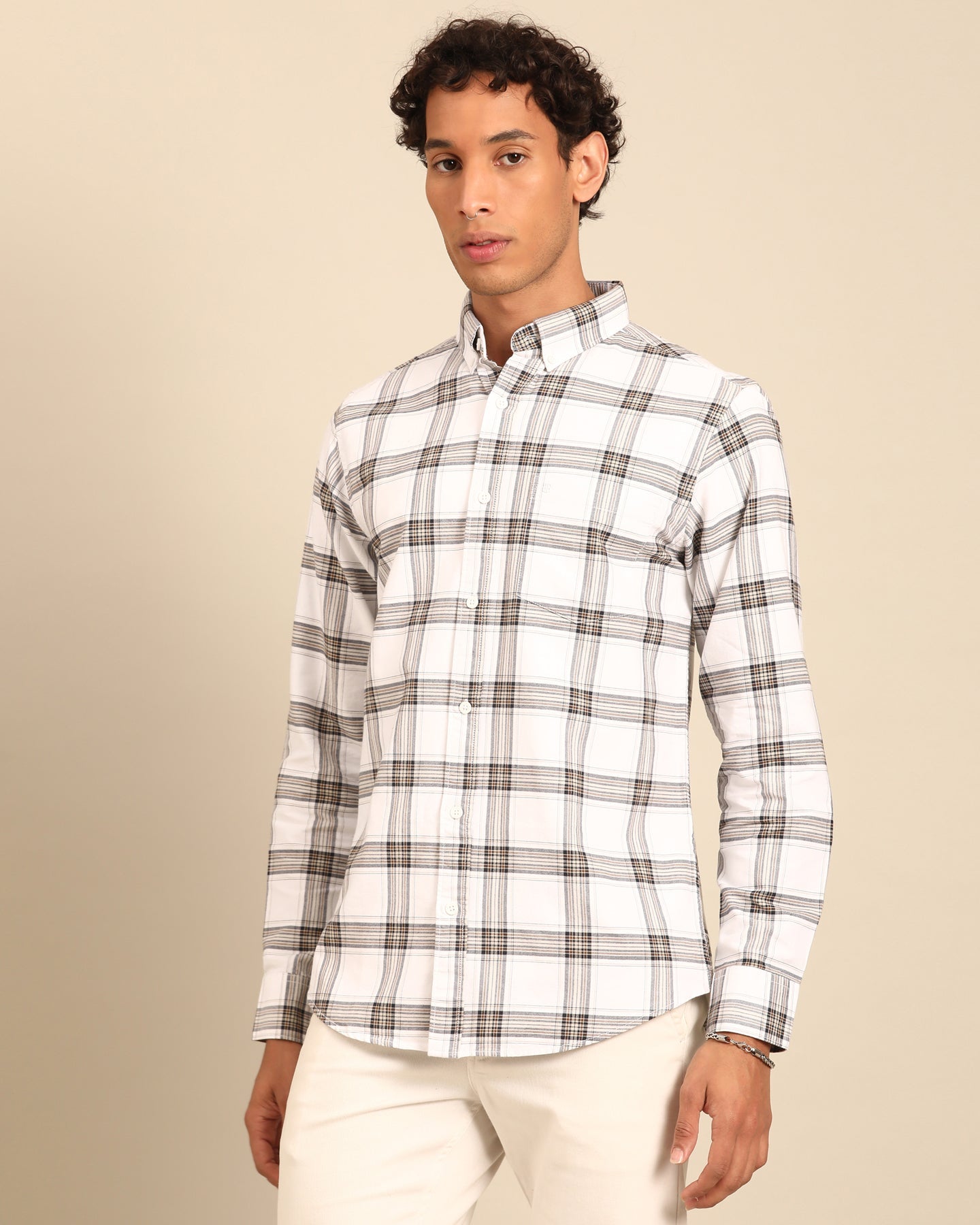 Oxford Yarn White-Black Window Pane Checkered Full Sleeve Shirt