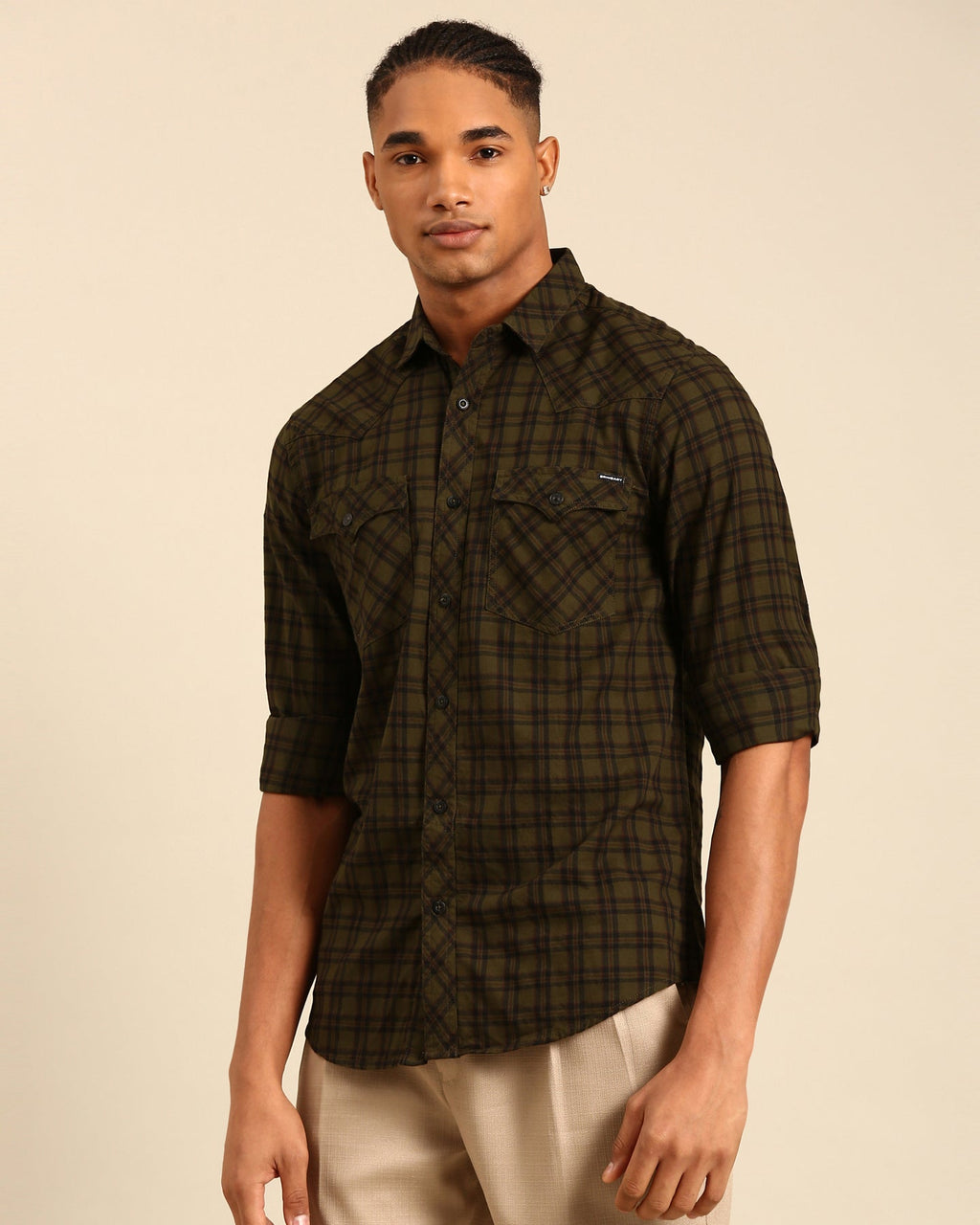 Over Yarn Dyed Tartan Plaid Olive GreenFull Sleeve Shirt