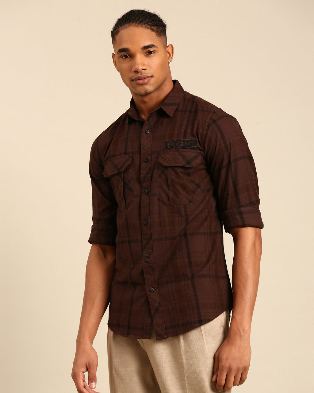 Over Yarn Dyed Tartan Plaid Brown Full Sleeve Shirt