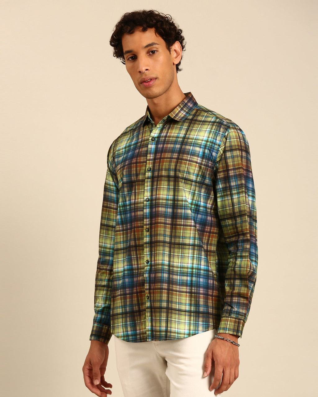 Classic Yellow and Blue Digital Print Madras Checked Full Sleeve Shirt