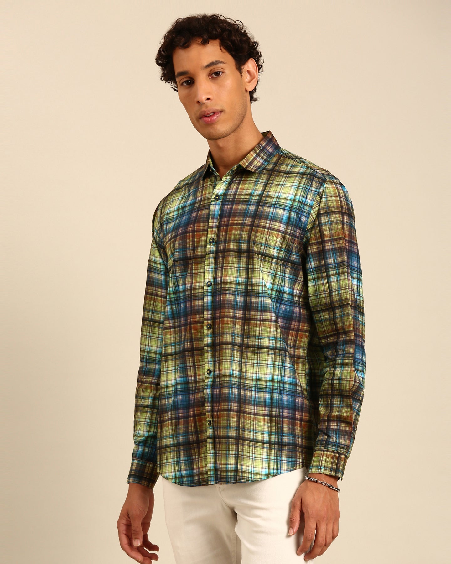 Classic Yellow and Blue Digital Print Madras Checked Full Sleeve Shirt