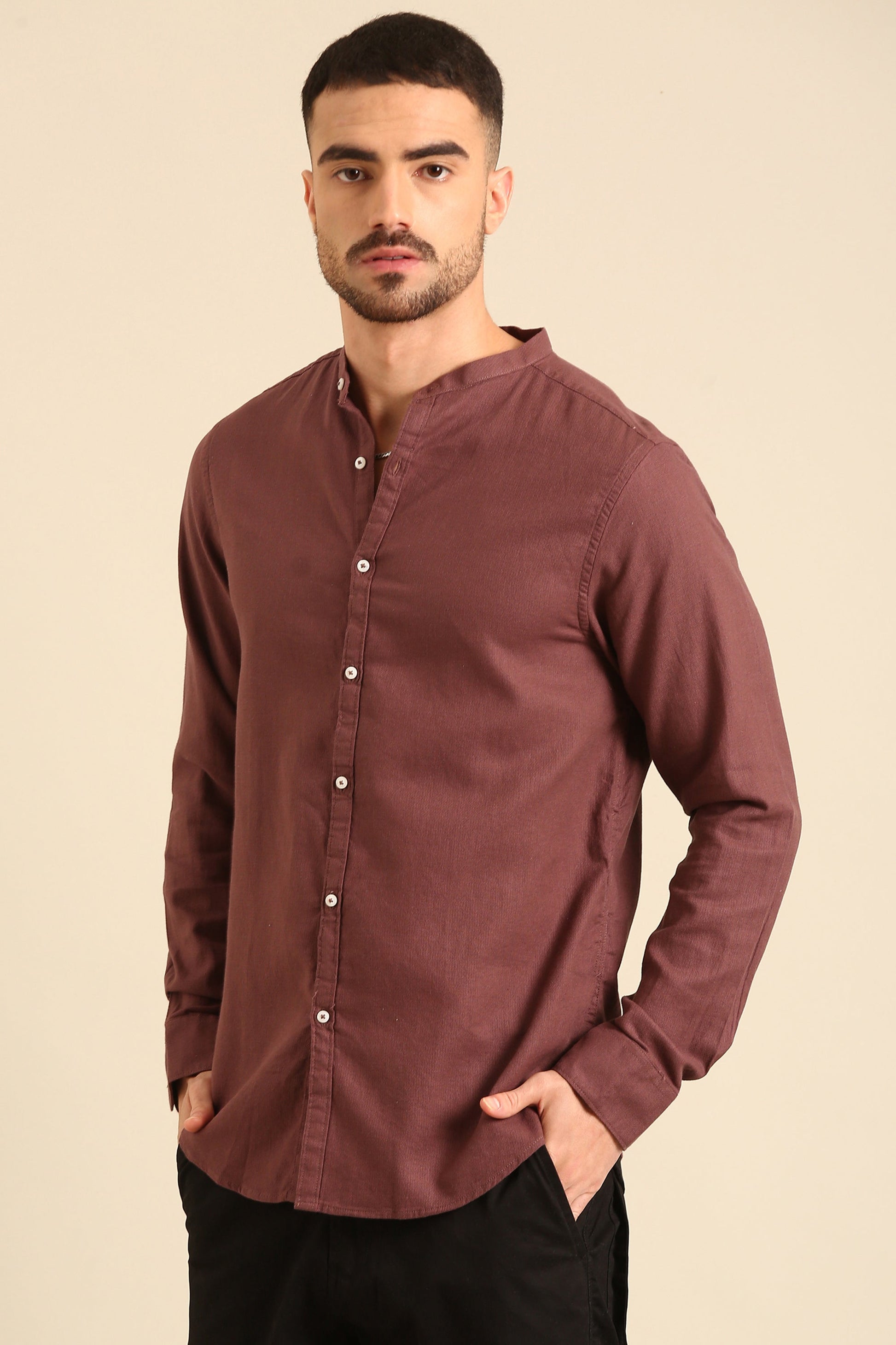 Jute Cotton Dyed Brown  Full Sleeve Shirt With Band Collar